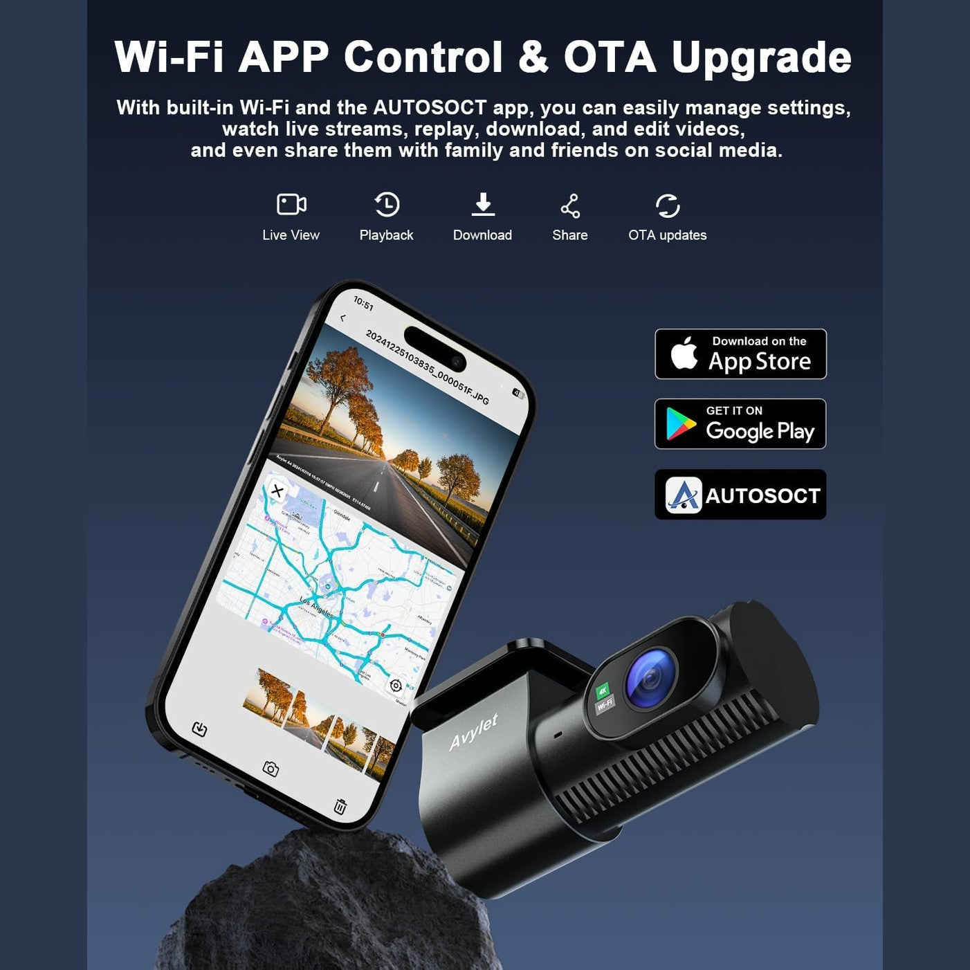 Avylet 4K+1080P Dash Cam Car Front Rear Wi-Fi/App Dual Car Camera with Parking Monitoring, Supports External GPS Module, Super Night Vision, WDR, 170°+150° Wide Angle, G-Sensor, Max 256GB