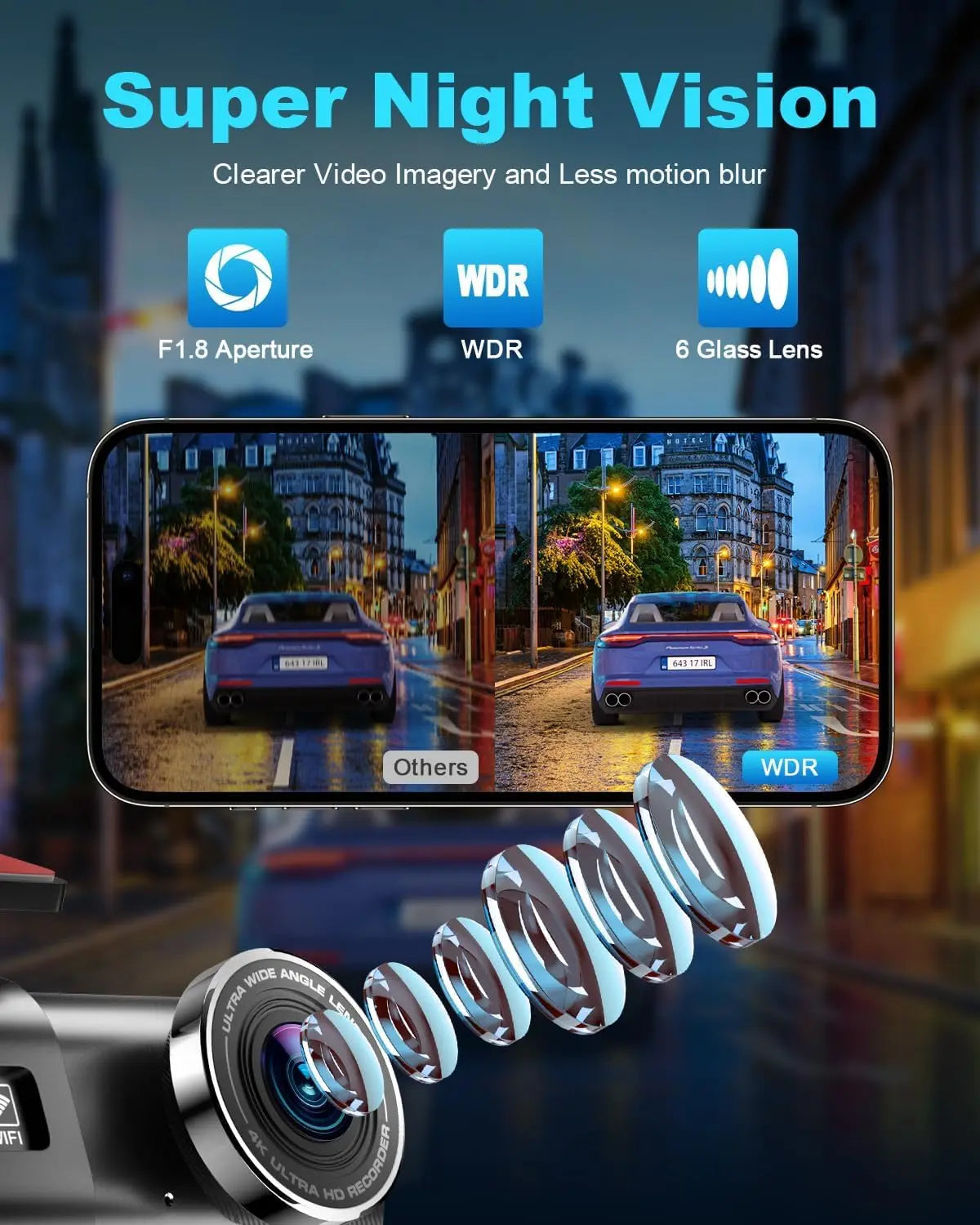 Car Dash Cam, 4K Dashcam with 64G Card, Car Dashcam with WiFi & App, 170° Car Camera, 1.47" Screen, WDR, Night Vision, Parking Mode, Gravity Sensor, Loop Recording