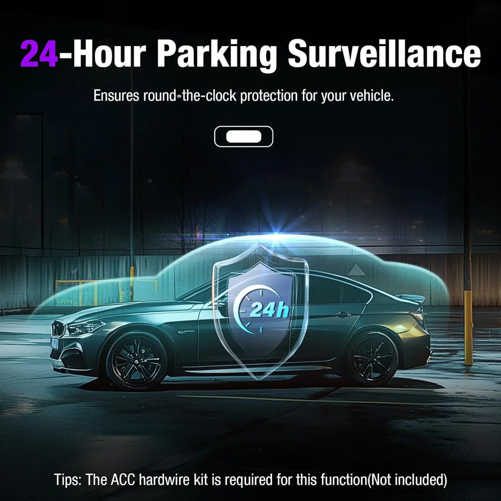 24-hour parking surveillance mode for vehicle protection with hardwire kit