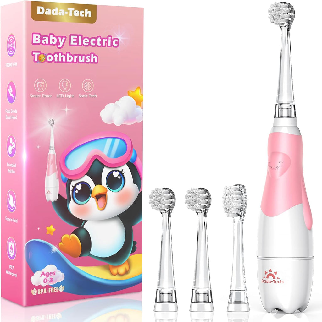 Electric Toothbrush Children's Baby Toothbrush Children's Toothbrush Electric from 1 2 3 Years with LED Light Integrated Timer 90% Rounded Bristles Baby Toothbrush for Toddlers from 6 Months (Pink