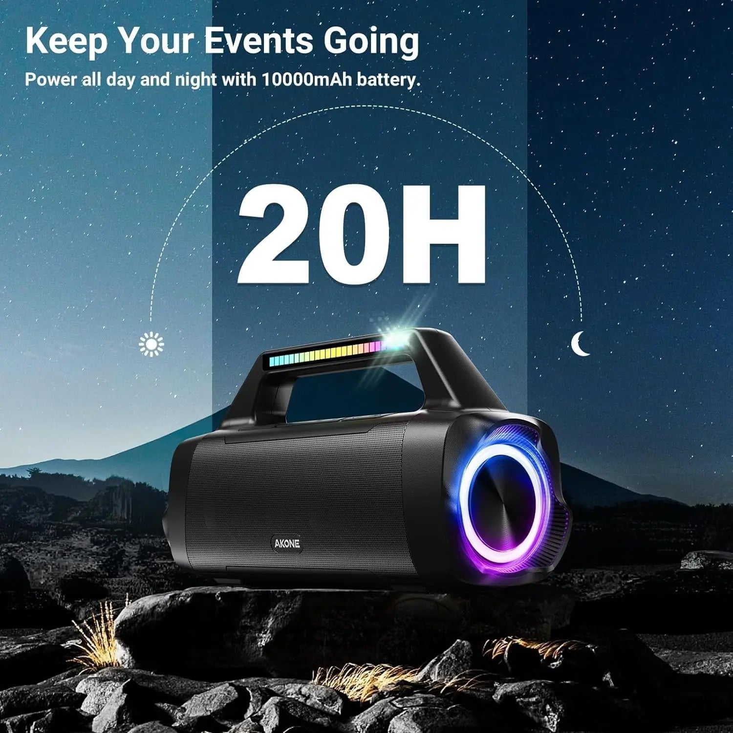 AKONE black portable Bluetooth speaker with LED equalizer and 20-hour battery for outdoor events