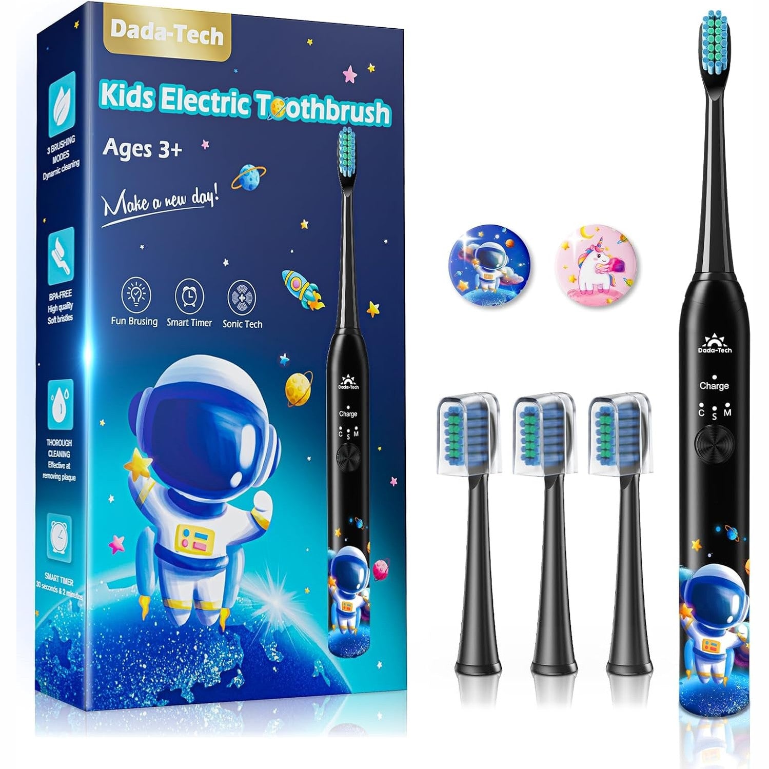DADA-TECH Kids Electric Toothbrush Rechargeable, Soft Unicorn Tooth Brush with Timer Powered by Sonic Technology for Children Boys and Girls Age 3+, Waterproof and 3 Modes (Astronaut Black)