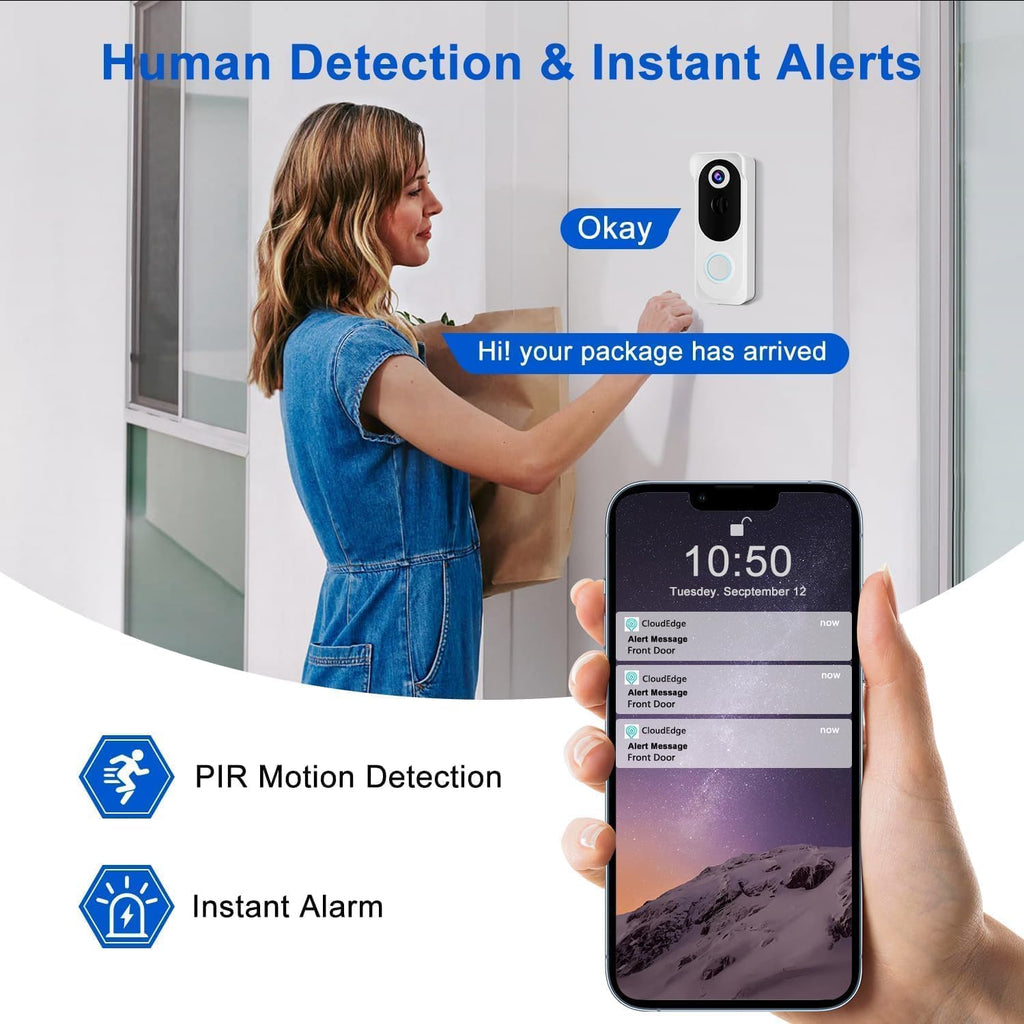 Wireless Video Doorbell with Chime 2K HD No Subscription Security Doorbell Camera PIR Motion Detection Night Vision 2-Way Audio Battery Powered Local/Cloud Storage Works with Alexa and Google