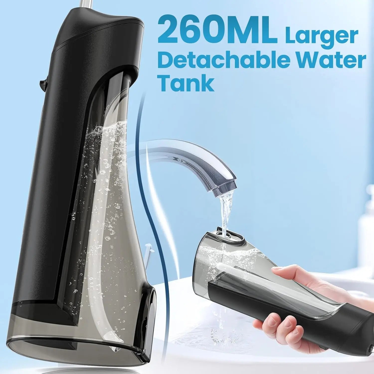 Detachable 260ml transparent water tank on black oral irrigator being filled at sink