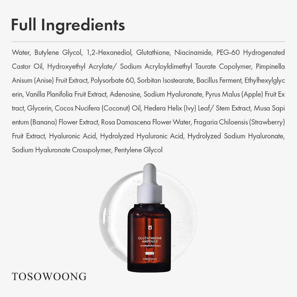 TOSOWOONG Glutathione Serum with 20,000ppm Glutathione, Niacinamide and Hyaluronic Acid, Supports Even Skin Tone, Supports Elasticity, Healthy Complexion, Korean Skincare, 30ml, 1.01 fl. oz