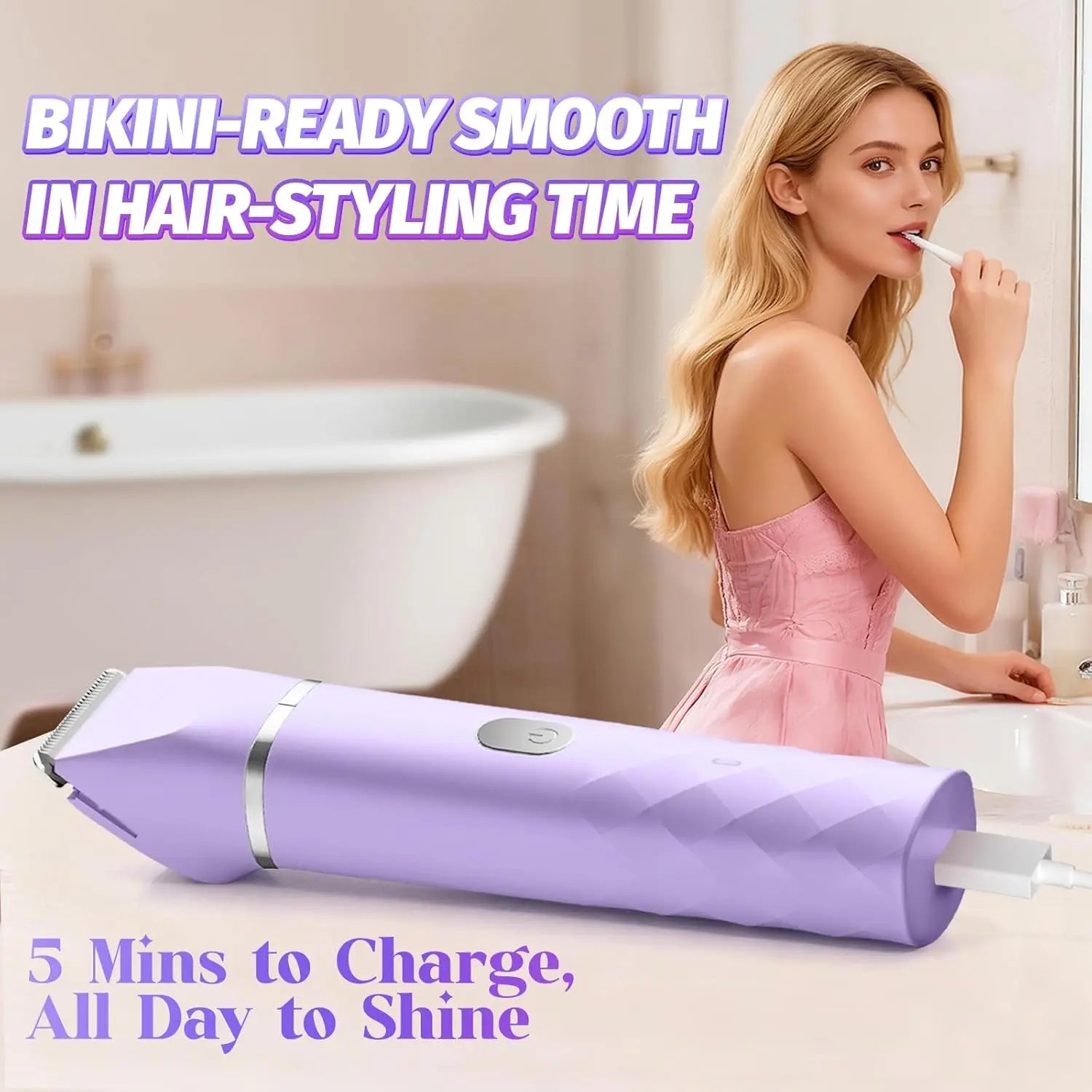 Bikini Trimmer for Women, IPX7 Waterproof, Painless Rechargeable Electric Razor Remover, 2-in-1 Facial & Pubic Hair Removal for Sensitive Skin, Portable Travel Size, Women’s Gift, Purple