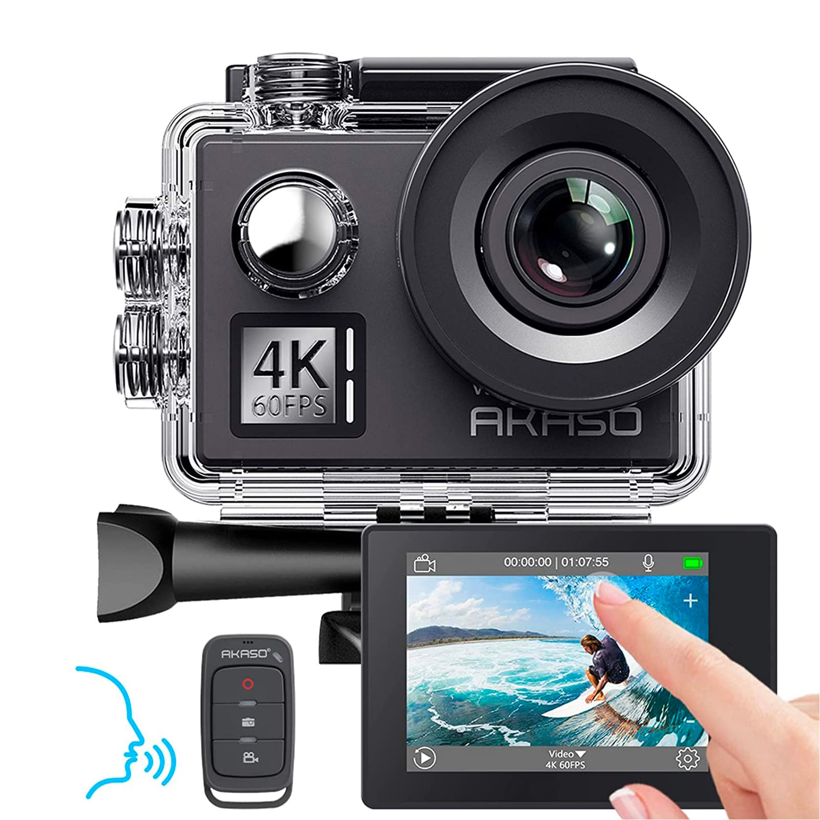 AKASO V50 Elite Action Cam, 4K60FPS 20MP Underwater Camera with 64GB U3 Memory Card WiFi with Touchscreen ICE 40M Sports Camera 8X Zoom Voice Control Remote Control Accessory Kit