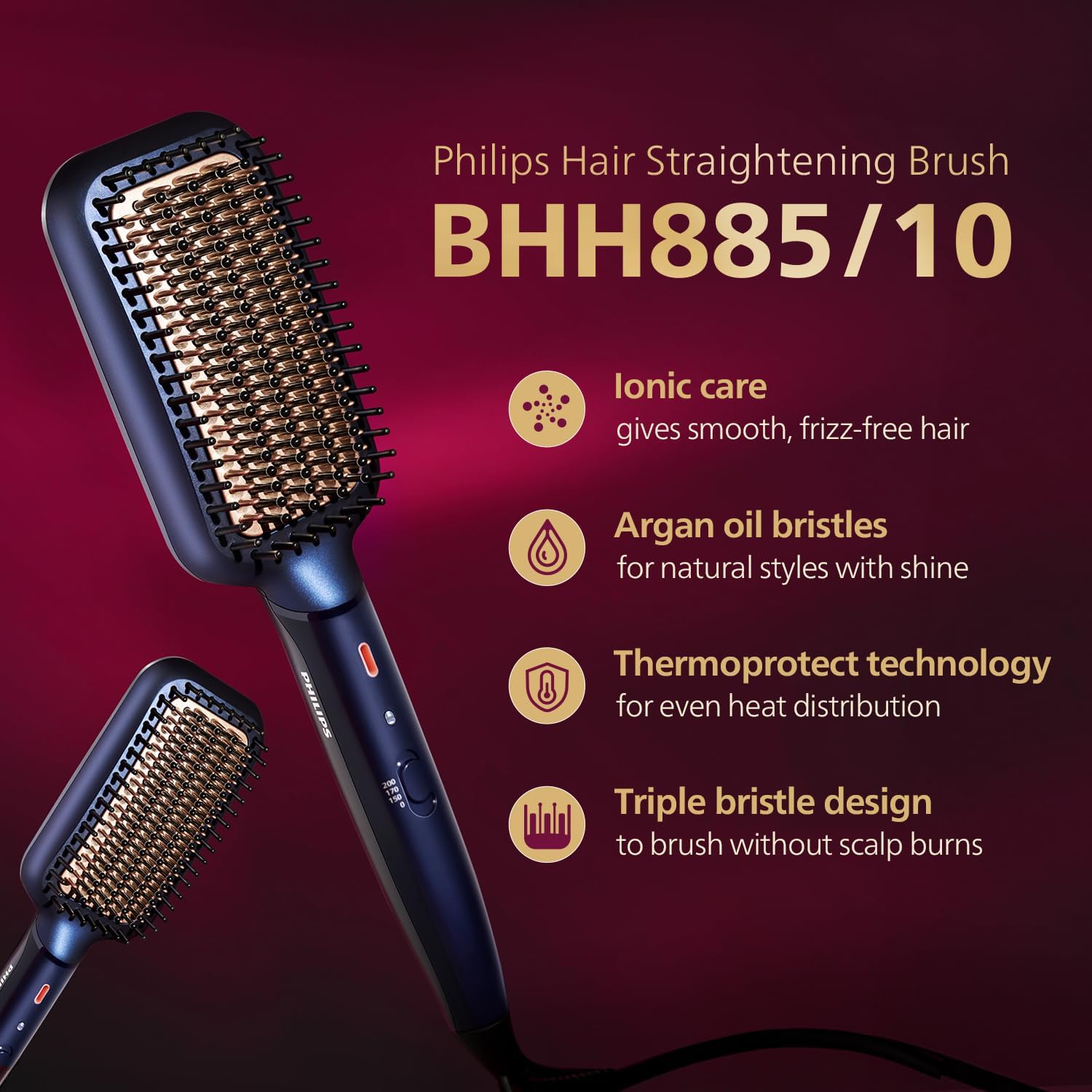 Philips Hair Straightener Brush- Advanced Ionic Care For 5X Better Frizz Free Hair In 5Min I Style With 2X More Volume|Stunning Shine I No Scalp Burns|Argan Oil Bristles|Bhh885/10,Black,50 Watts