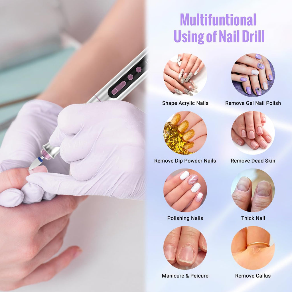 Denabuty Cordless Electric Nail Drill Machine, 13 in 1 Nail File Kit 35000RPM Professional Portable Rechargeable E File for Acrylic Polish Gel Removal Manicure Pedicure Set with 5 Speeds DN-2402