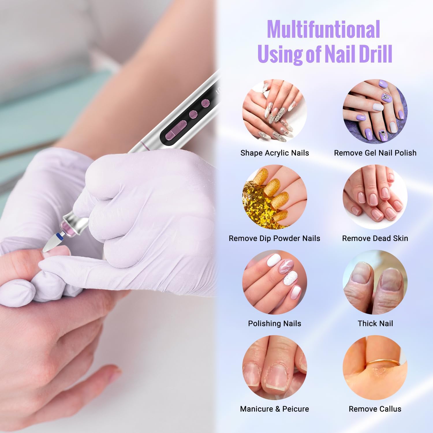 Denabuty Cordless Electric Nail Drill Machine, 13 in 1 Nail File Kit 35000RPM Professional Portable Rechargeable E File for Acrylic Polish Gel Removal Manicure Pedicure Set with 5 Speeds DN-2402