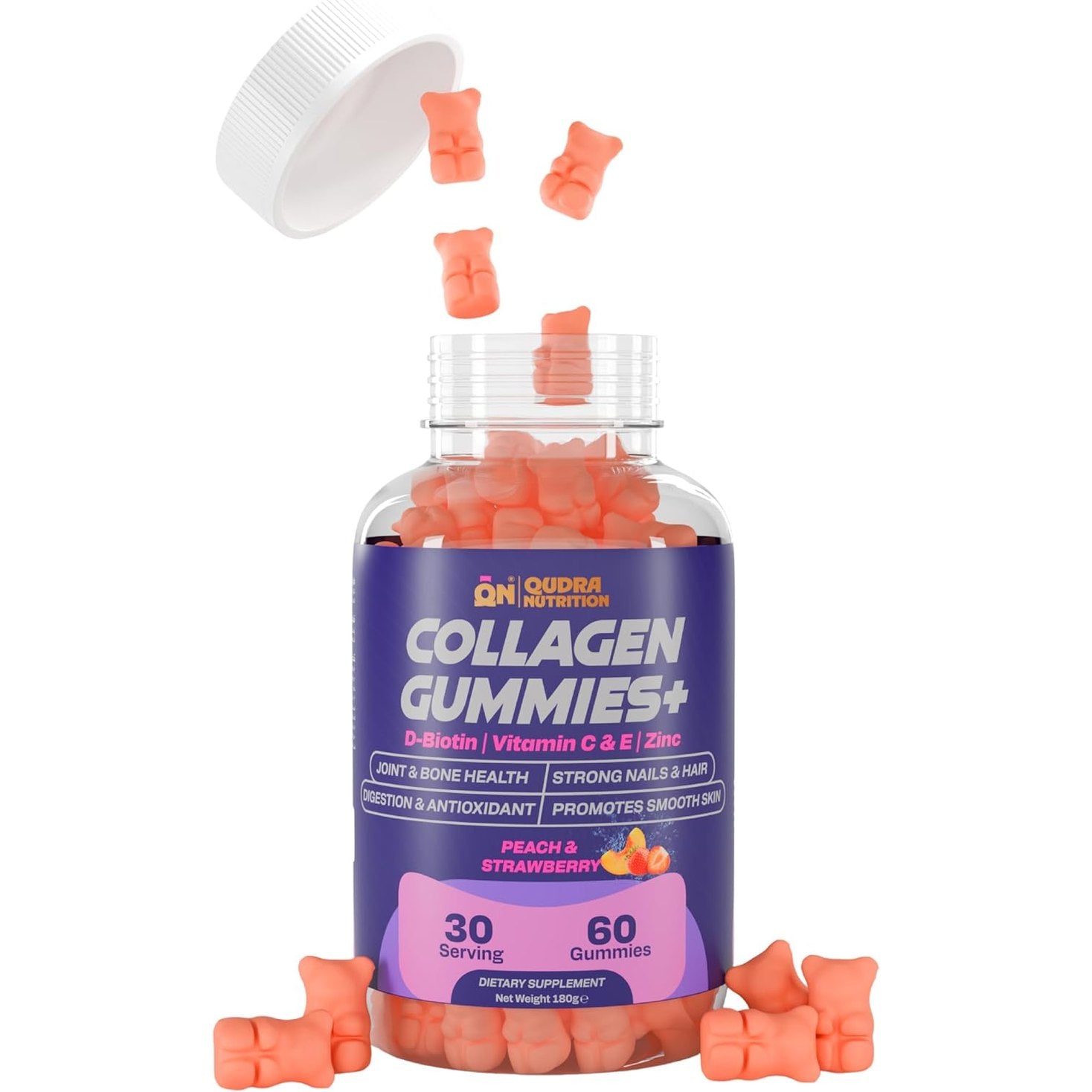 Qudra Nutrition Collagen Gummies Plus, Peach & Strawberry Flavour, with D-Biotin, Vitamins C & E and Zinc for Joint and Bones Health, Strong Nails & Hair, Promotes Smooth Skin & Digestion,