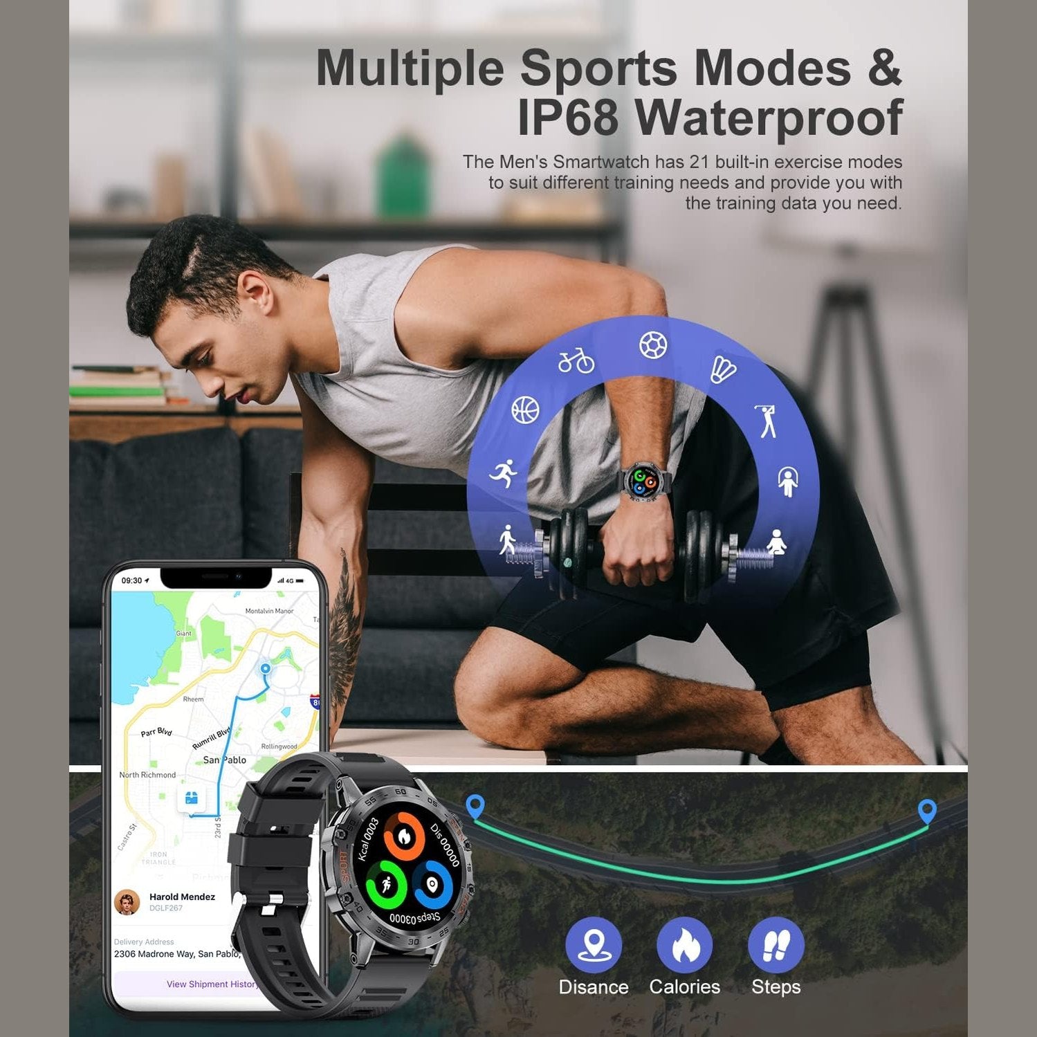 Smart Watch for Men Bluetooth Calls with,1.39''HD Touch Screen Tactical Smartwatch for Android and iPhone,5ATM Waterproof Fitness Watch with Blood Pressure/Heart Rate Monitor BlackSilicone