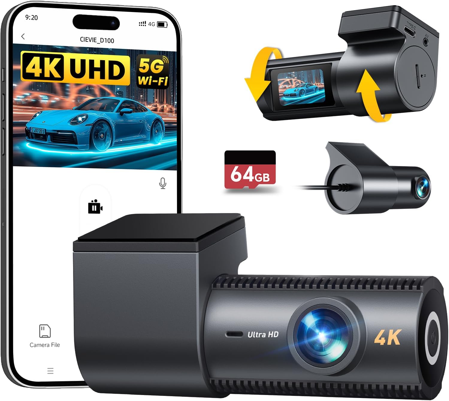 CIEVIE 4K + 1080P Car Front Rear Dash Cam with 64GB SD Card, 5GHz WiFi Dash Cam with 3.8 cm IPS Display, 170° Wide Angle, G-Sensor, WDR Night Vision, Loop Recording, App Control, Supports 256 GB Max