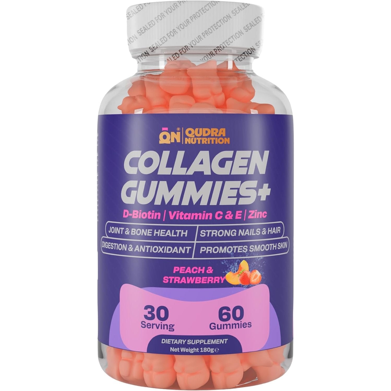 Qudra Nutrition Collagen Gummies Plus, Peach & Strawberry Flavour, with D-Biotin, Vitamins C & E and Zinc for Joint and Bones Health, Strong Nails & Hair, Promotes Smooth Skin & Digestion,