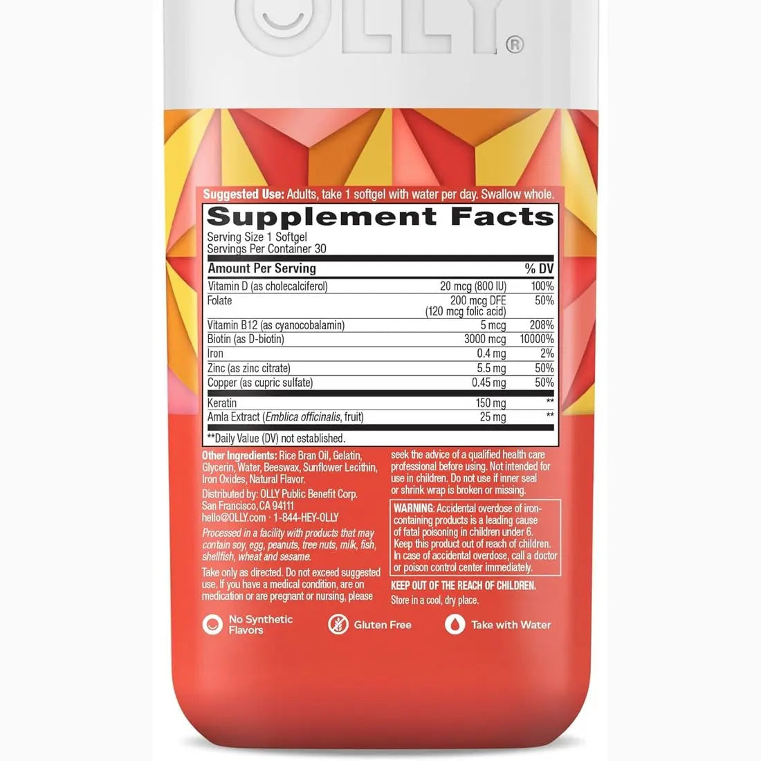 Back label of OLLY Ultra Strength Hair Softgels showing suggested use and ingredients