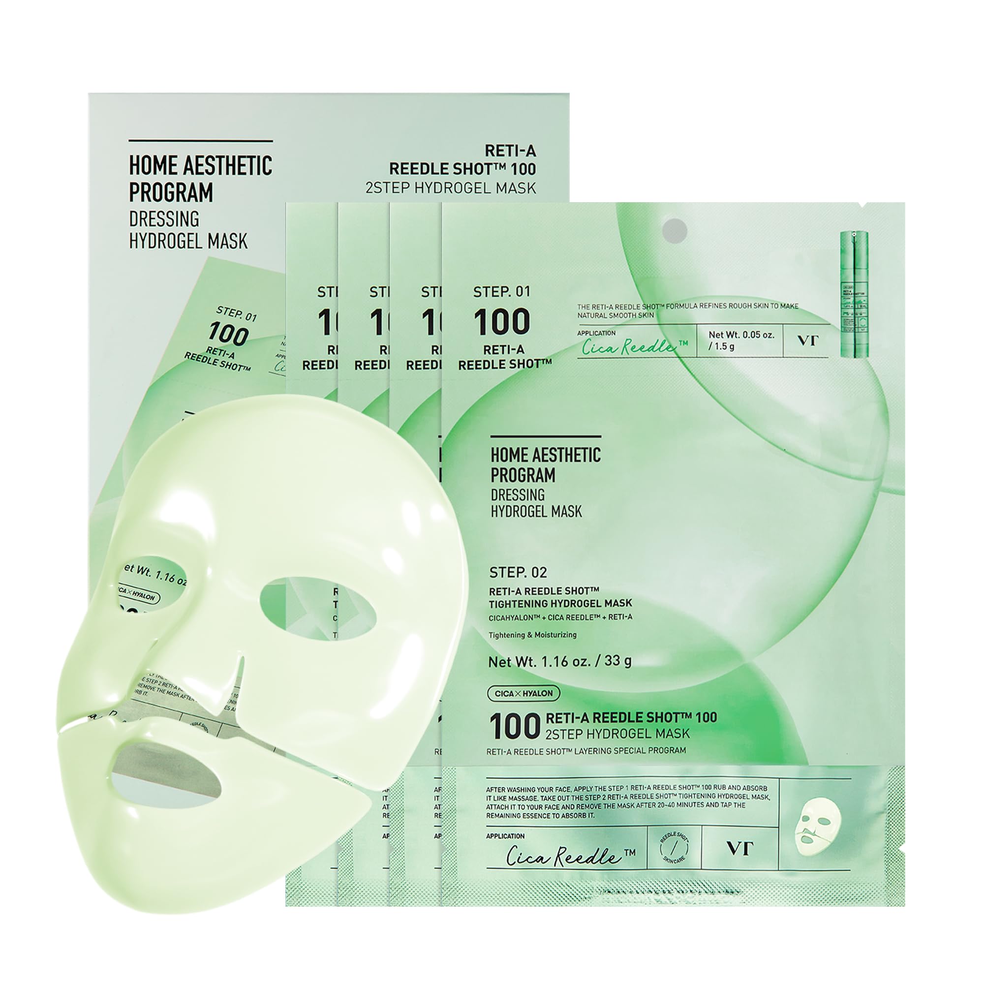 VT COSMETICS Collagen Reedle Shot 100 2-Step Hydrogel Mask(34.5gx4ea) | Intensive Firming, Exosome 500Da Collagen, Fine Lines, Overnight Melting Mask, Korean Facial Mask