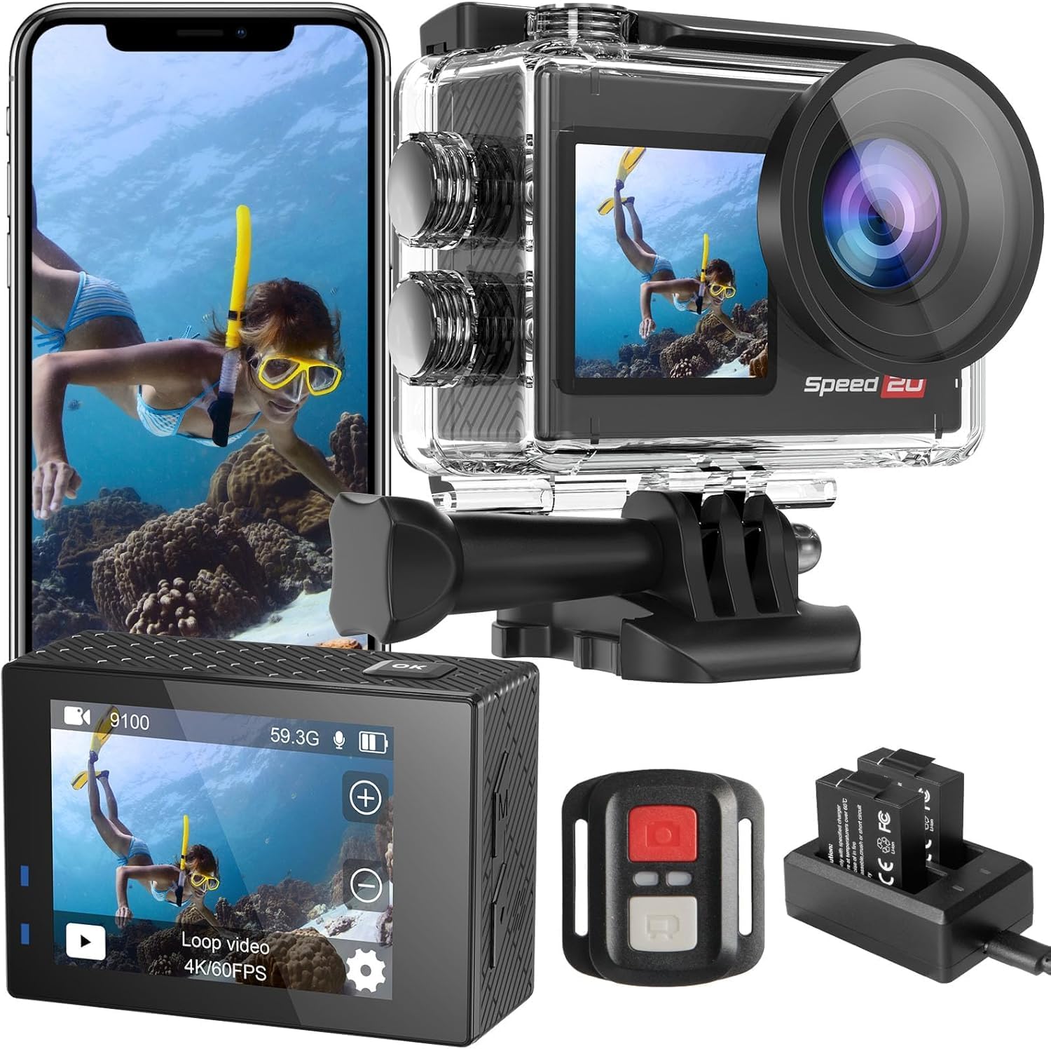 Hiicam Speed 20 Action Cam 4K60FPS 40MP WiFi Underwater Camera 40M Waterproof Ultra HD Touchscreen Action Cam 170° Ultra Wide Angle Ice Stabilisation 5X Zoom, 2.4G Remote Control and 2 Batteries