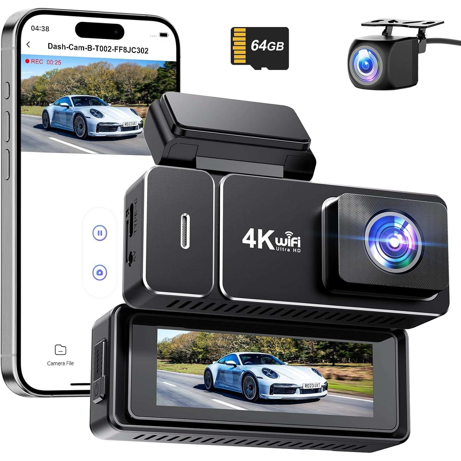 Dash Cam Front and Rear 4k+1080P, CHORTAU WiFi Dual Dash Cam with APP, 2.99’’ IPS Dash Camera for Cars with Free 64GB Card, Dashboard Camera with Night Vision, 24/7 Parking Monitor, WDR