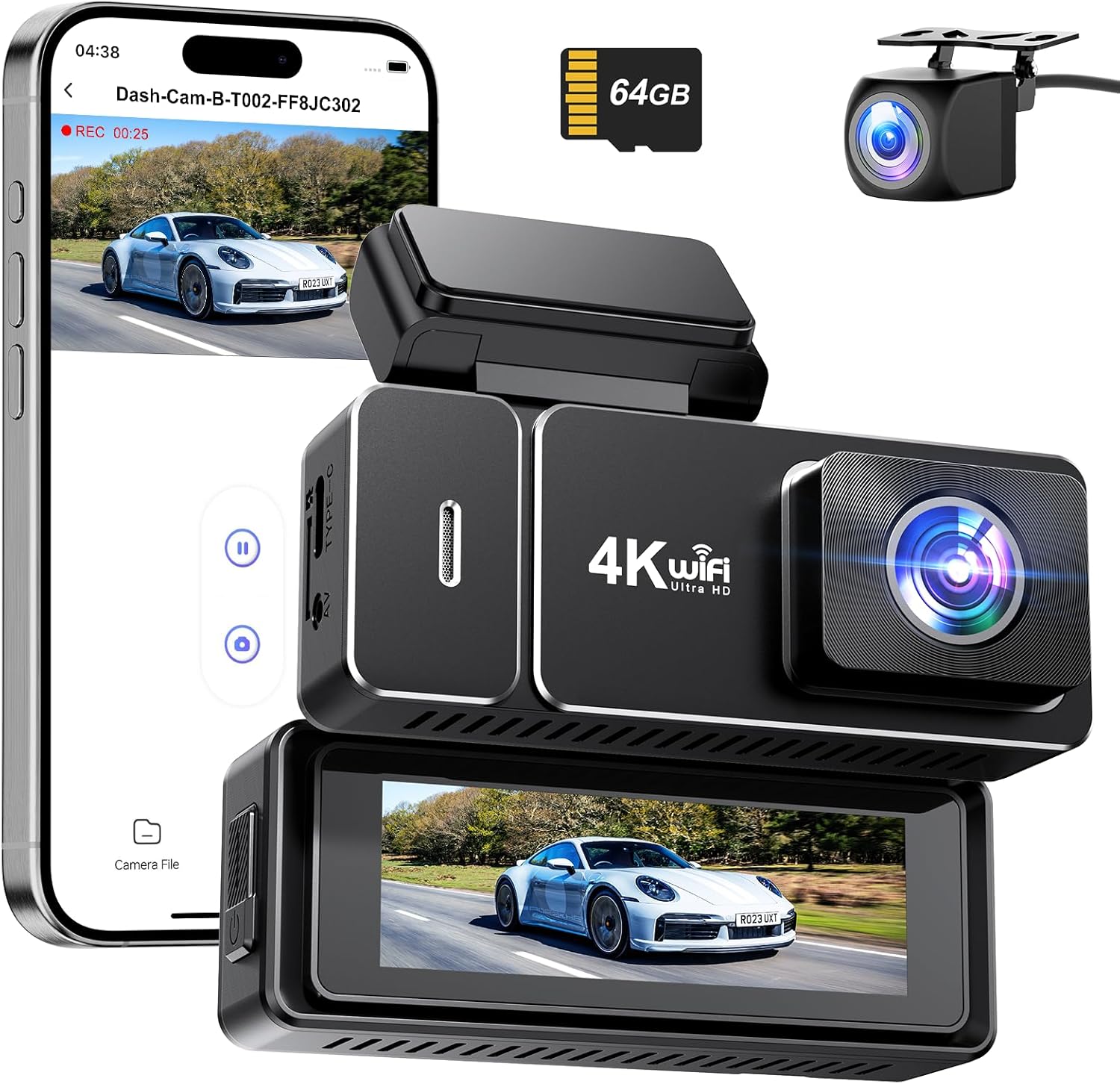 Dash Cam Front and Rear 4k+1080P, CHORTAU WiFi Dual Dash Cam with APP, 2.99’’ IPS Dash Camera for Cars with Free 64GB Card, Dashboard Camera with Night Vision, 24/7 Parking Monitor, WDR