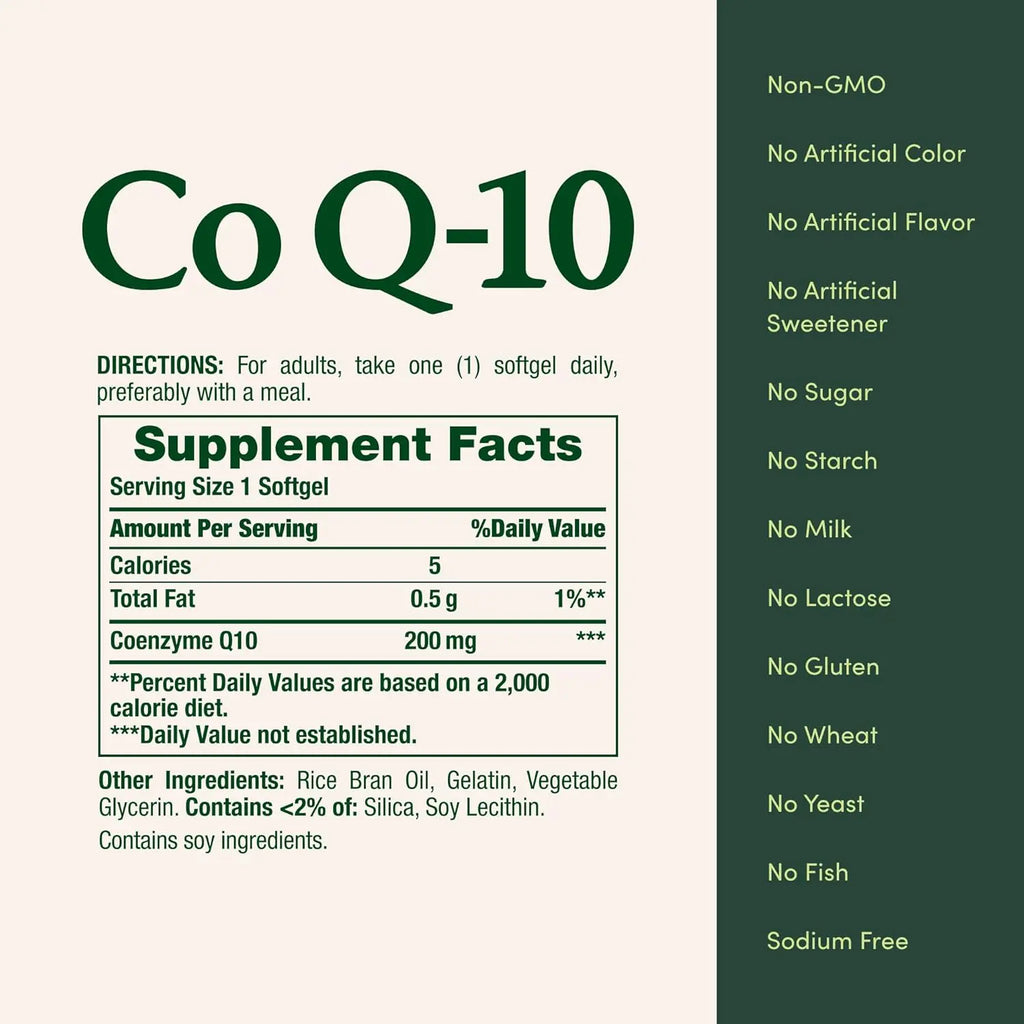 Nature's Bounty Co Q-10 supplement facts label non-GMO soy lecithin ingredients