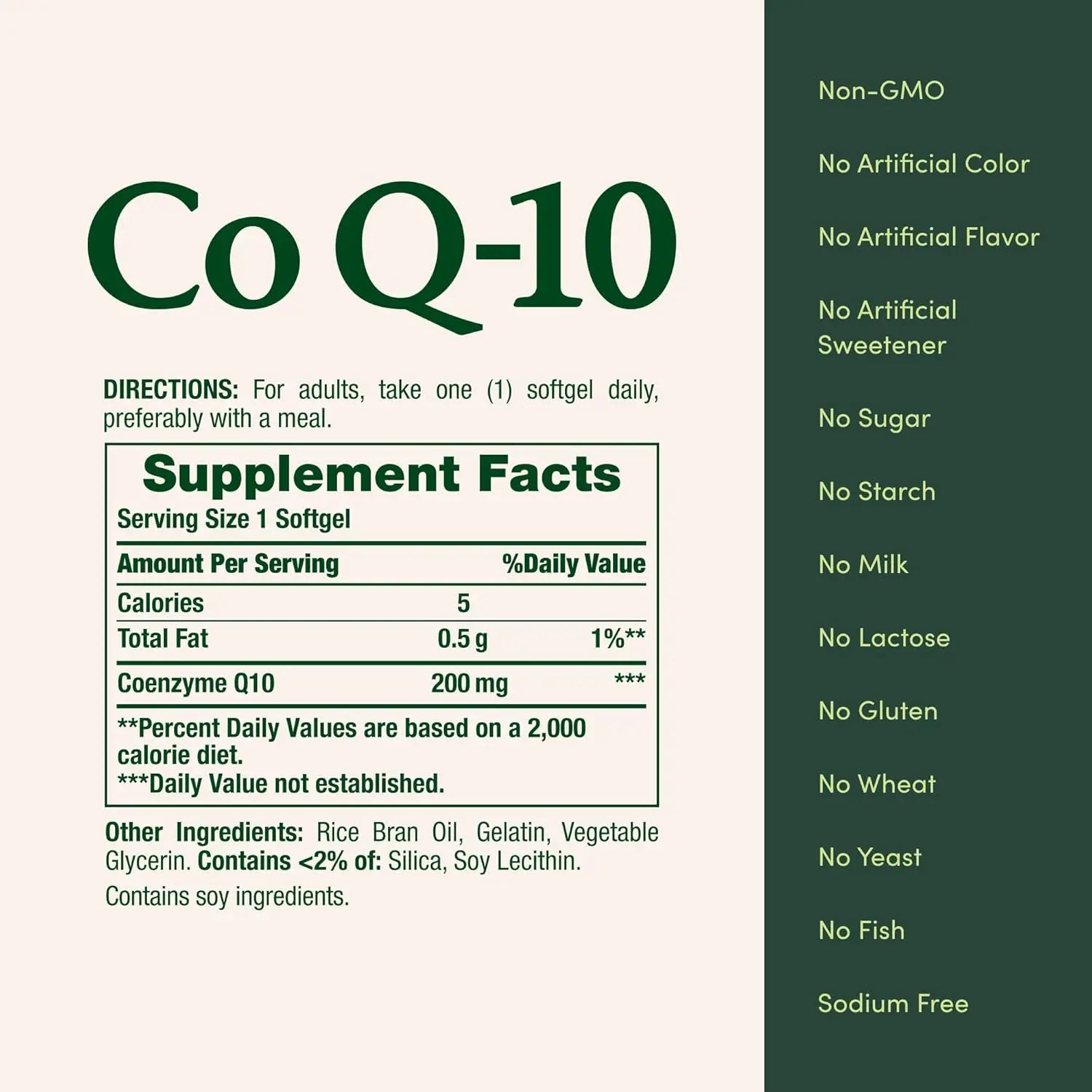 Nature's Bounty Co Q-10 supplement facts label non-GMO soy lecithin ingredients