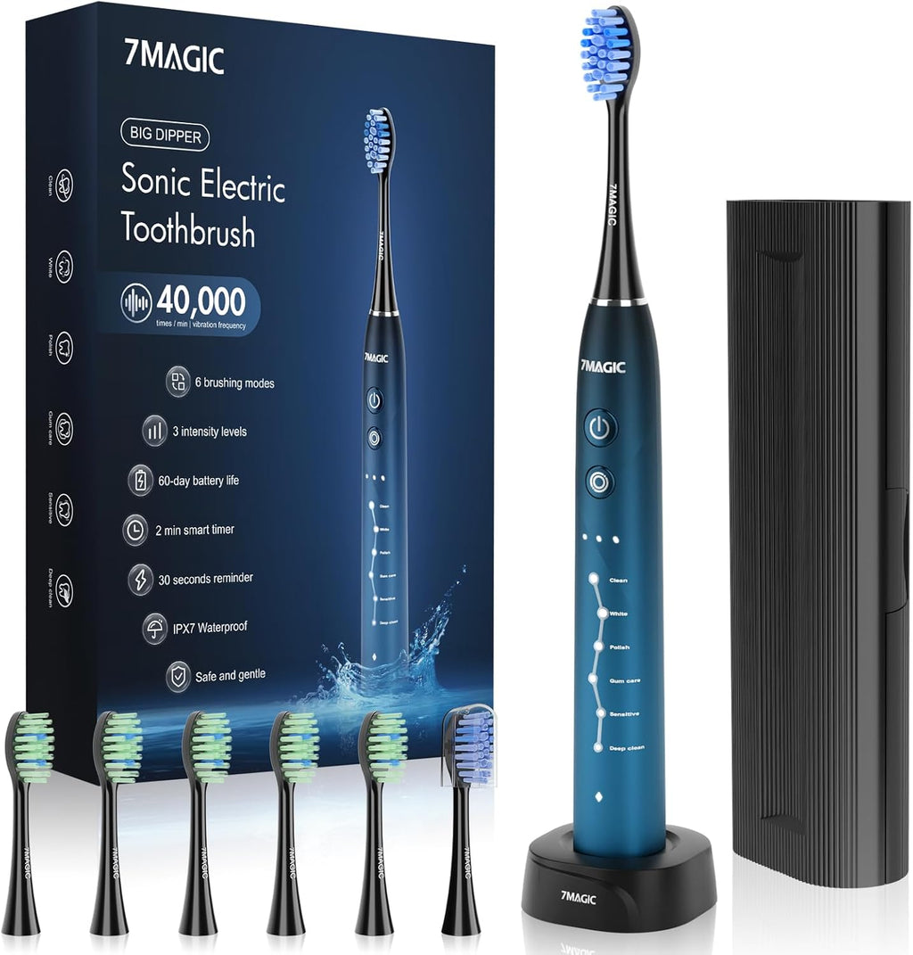 7MAGIC Electric Toothbrush, Sonic, 6 Modes, 3 Intensity, 40000VPM, IPX7, 90 Day Battery, Timer, Blue