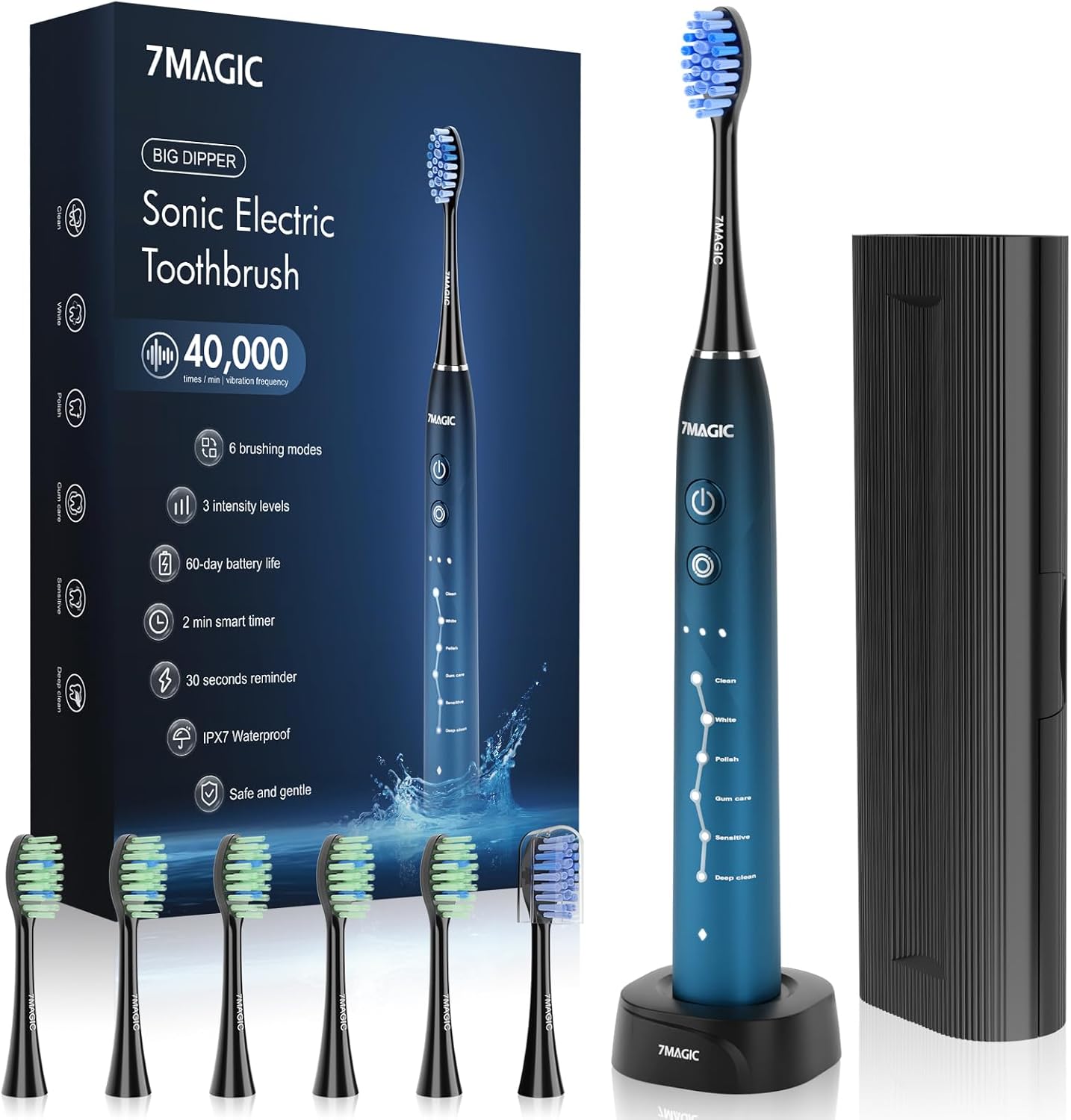 7MAGIC Electric Toothbrush, Sonic, 6 Modes, 3 Intensity, 40000VPM, IPX7, 90 Day Battery, Timer, Blue