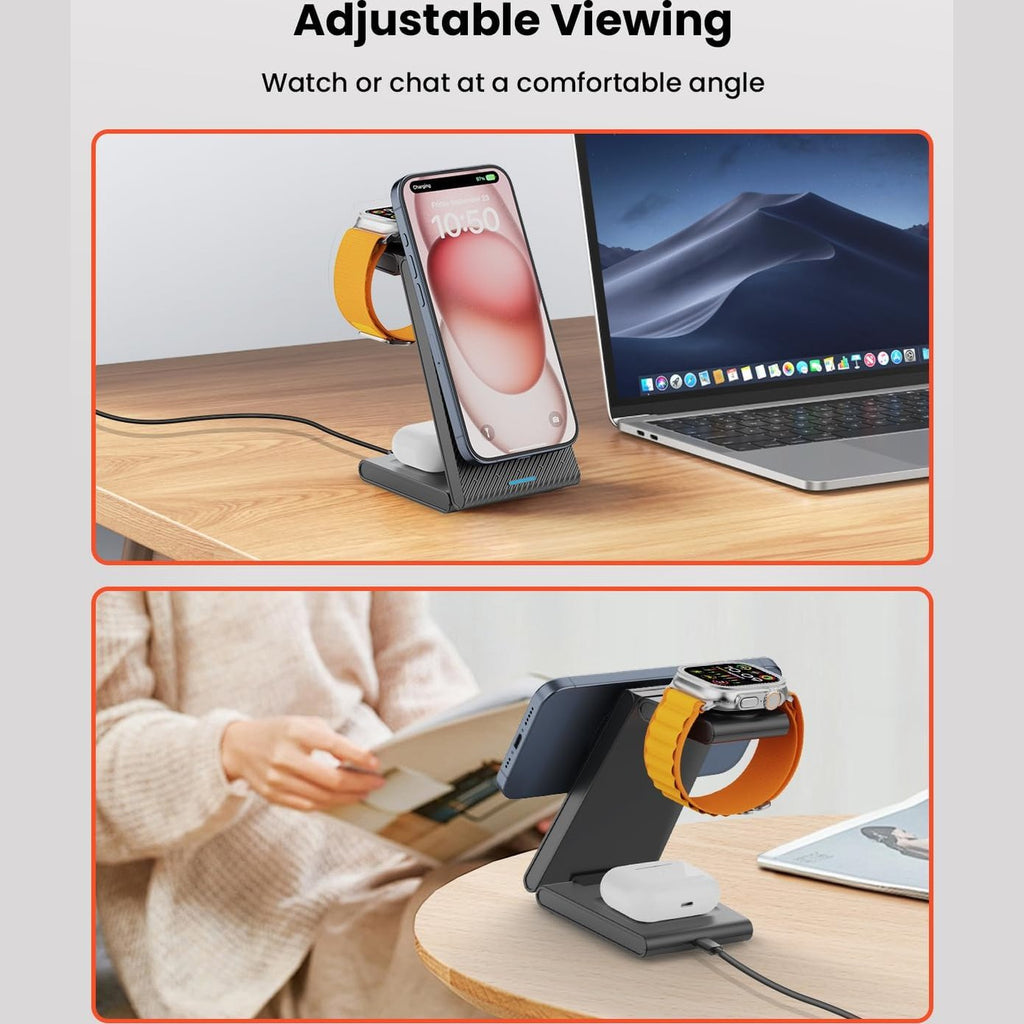 3 in 1 Wireless Charging Station, Foldable Magnetic Charger Stand for Multiple Devices, Wireless Charger for iPhone 16/15/14/13/12, Apple Watch 9/8/7/6/SE/5/4/3/2, AirPods 4/3/2/Pro