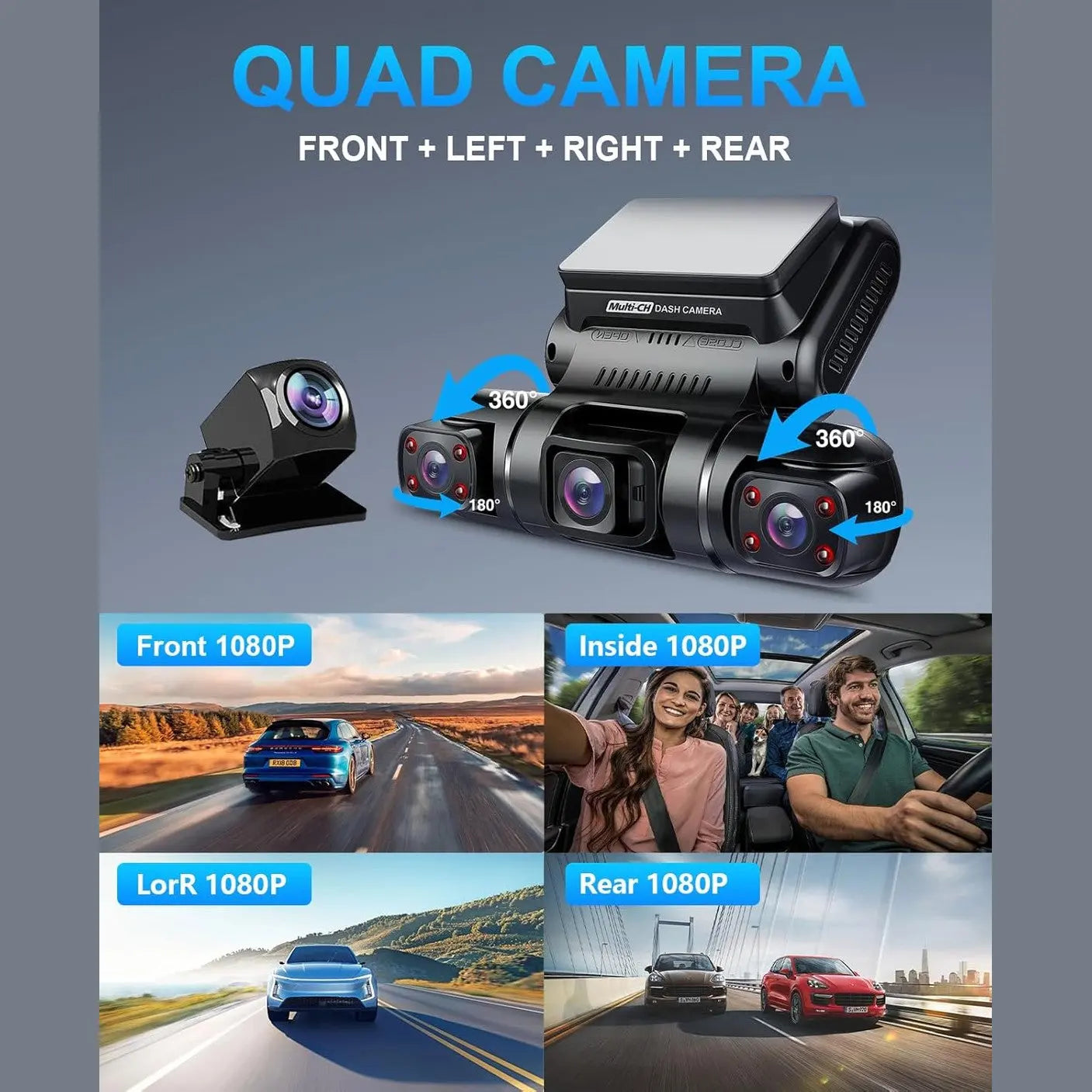 PRUVEEO Dash Cam, 4 Channel Camera FHD 1080Px4, Front, Left, Right and Rear, Front and Rear Inside, Built in GPS WiFi, 256 GB Max, Free 128GB Card, D90-4CH