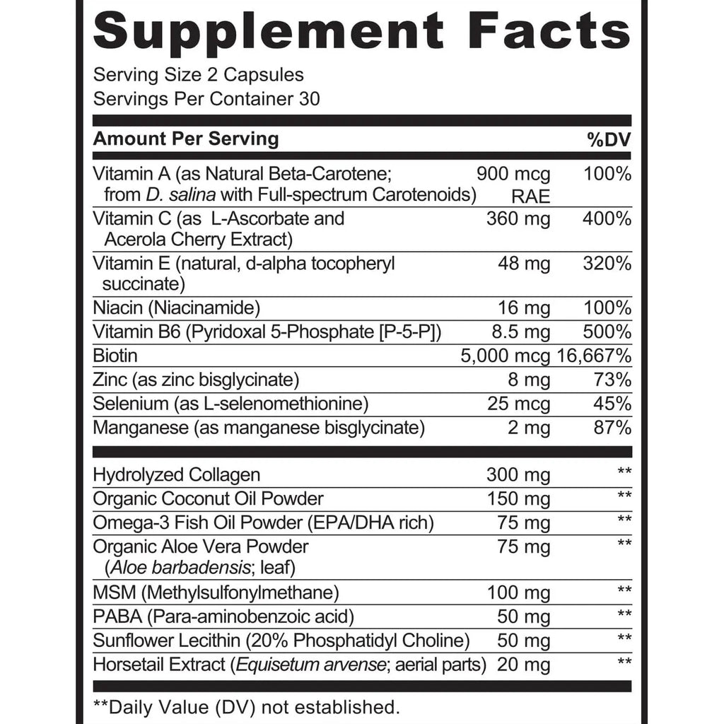 NATURELO Hair, Skin and Nails Vitamins - 5000 mcg Biotin, Collagen, Natural Vitamin E - Supplement for Healthy Skin, Hair Growth for Women and Men – 60 Capsules