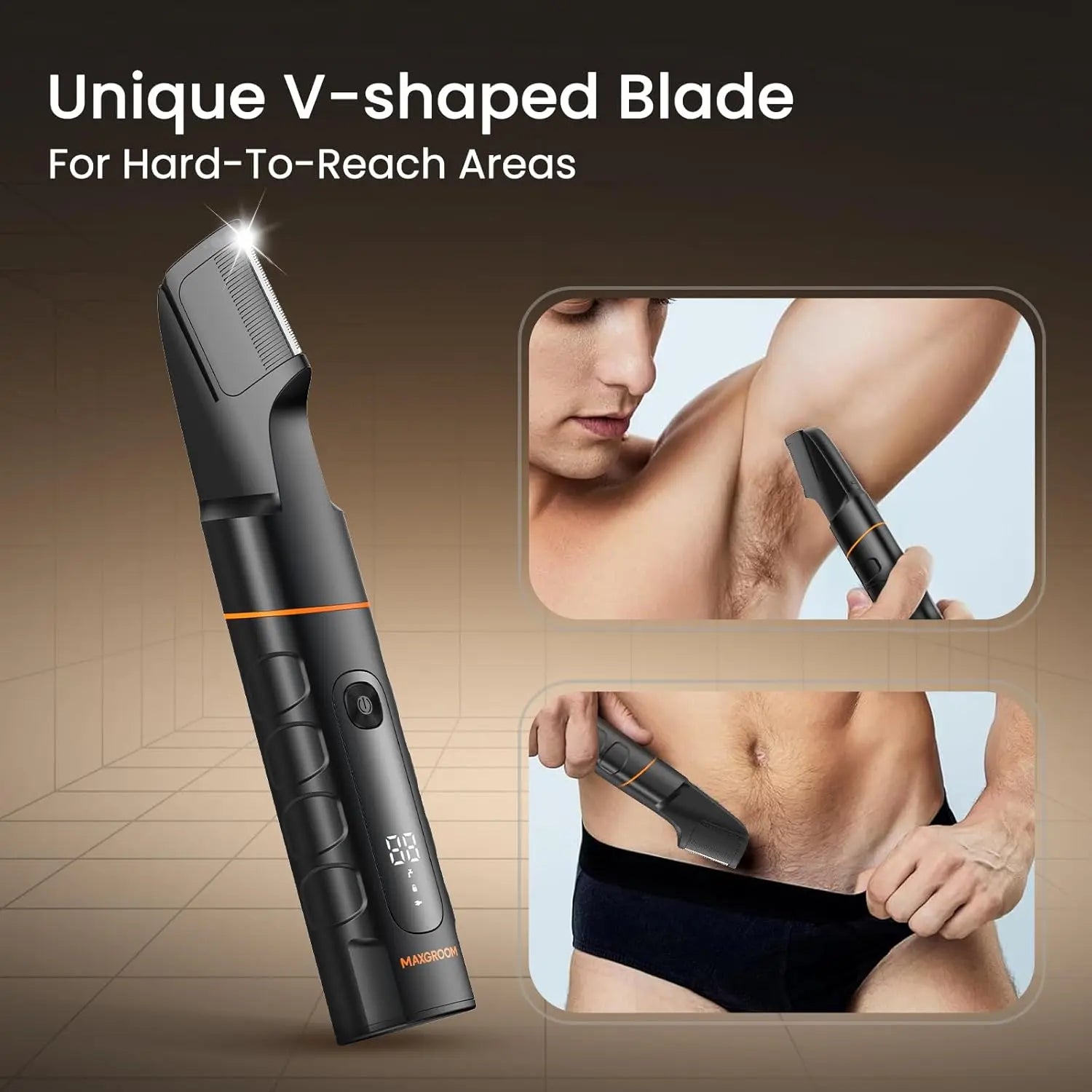 V-shaped blade electric trimmer for hard-to-reach groin areas