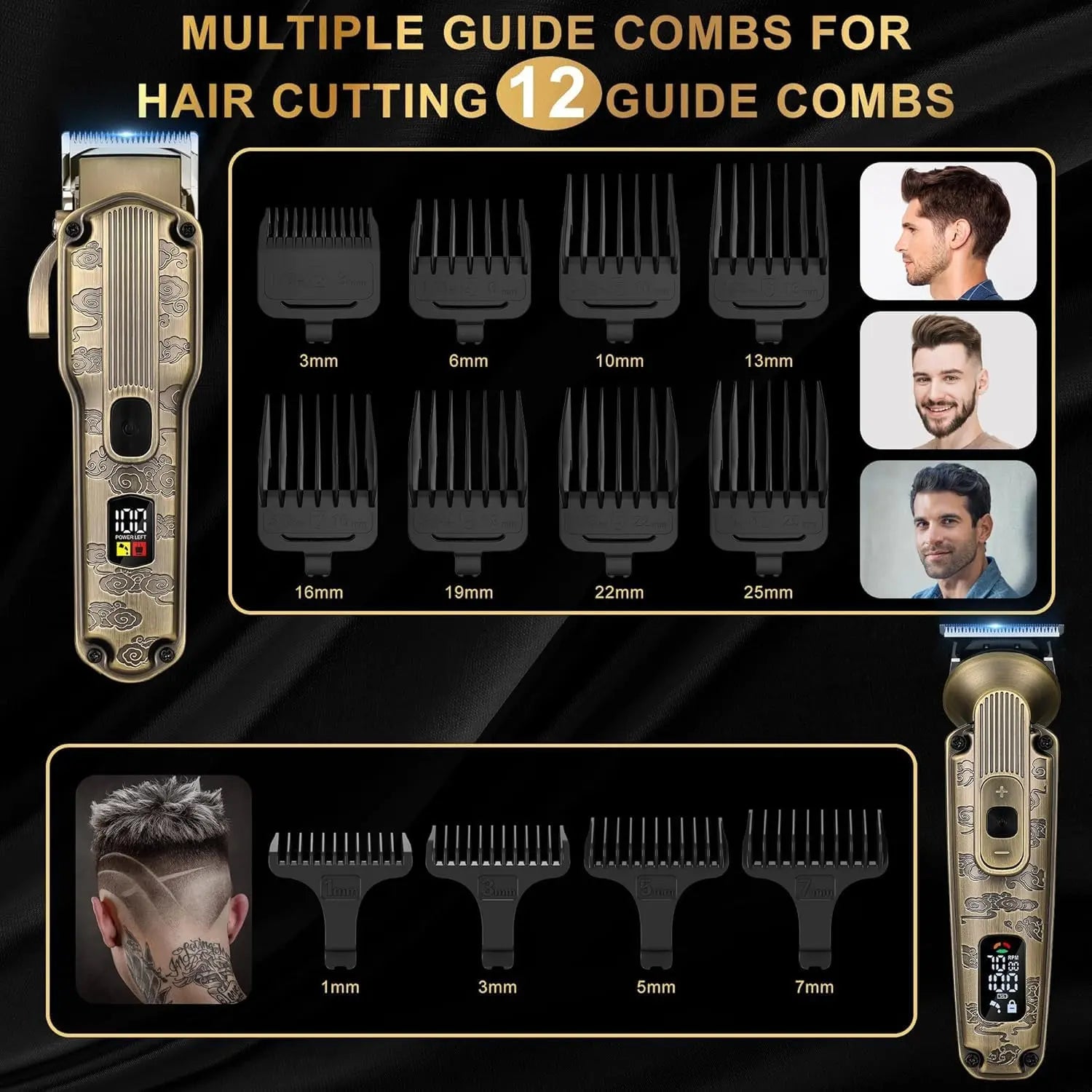 Scttomon men's hair cutting kit with 12 guide combs and digital battery indicator