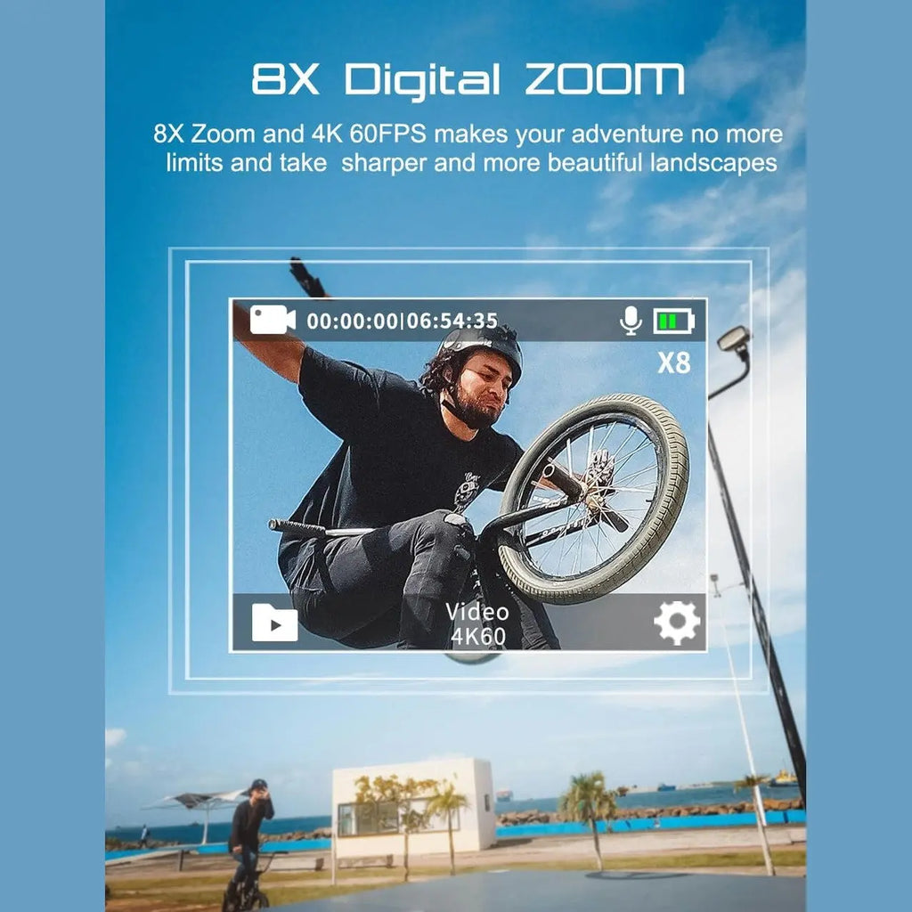 Apexcam M80 action camera featuring 8x digital zoom for distant subjects