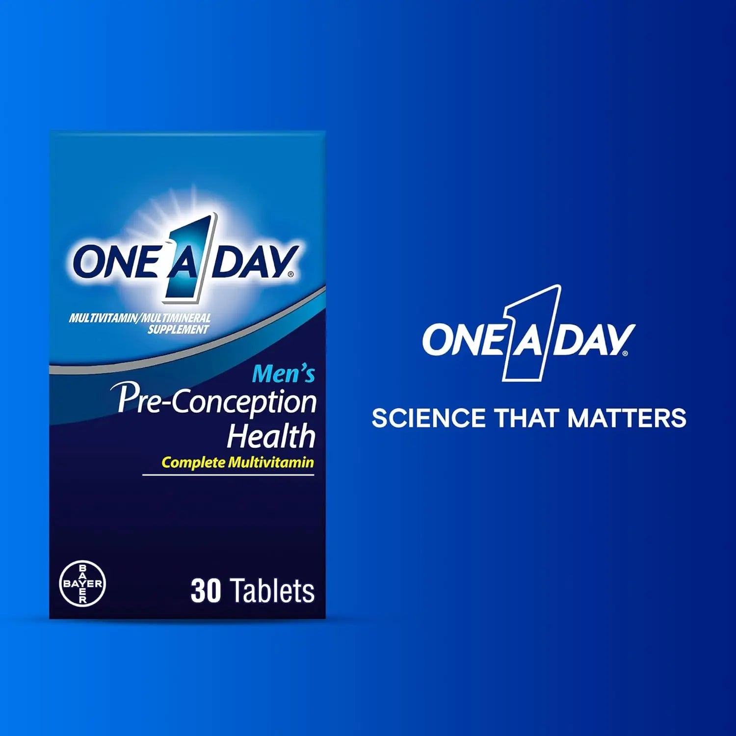 Blue One A Day Men's Pre-Conception Health supplement box on blue background