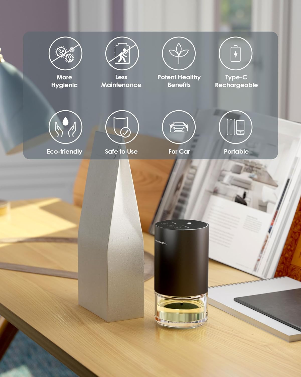 Airversa Essential Oil Diffuser Waterless Aromatherapy Diffusers for Home Large Room, Bedroom, Car, Office, Desk, Battery Operated, Small Diffuser for Pure Scent, 100ml Capacity, AN9 (Space Grey)