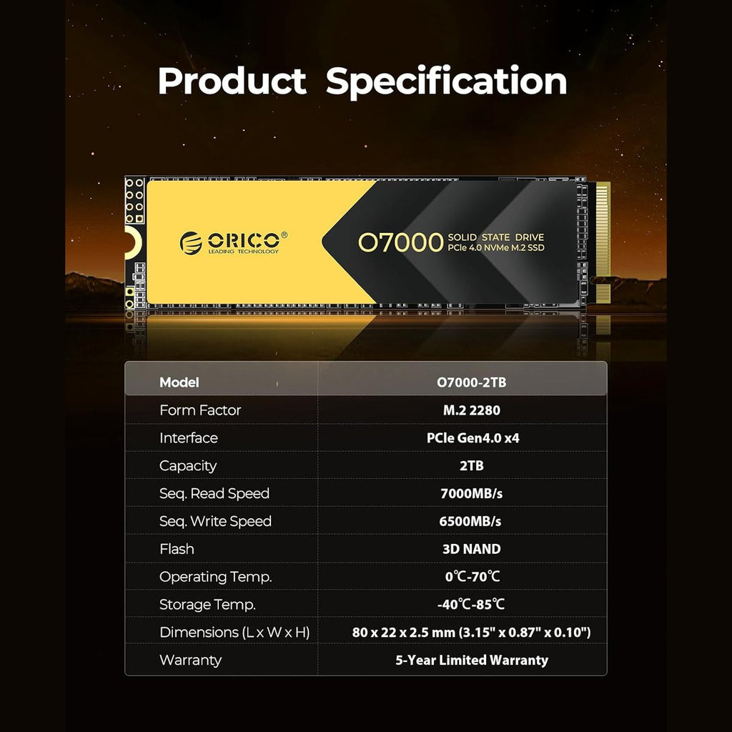 ORICO O7000 SSD with Heatsink, 2TB SLC Cache 3D TLC NAND PCIe 4.0 NVMe Gen4 M.2 2280 Internal Solid State Drive, Up to 7000MB/s, Compatible with PS5, Storage for PC, Desktop and Laptops