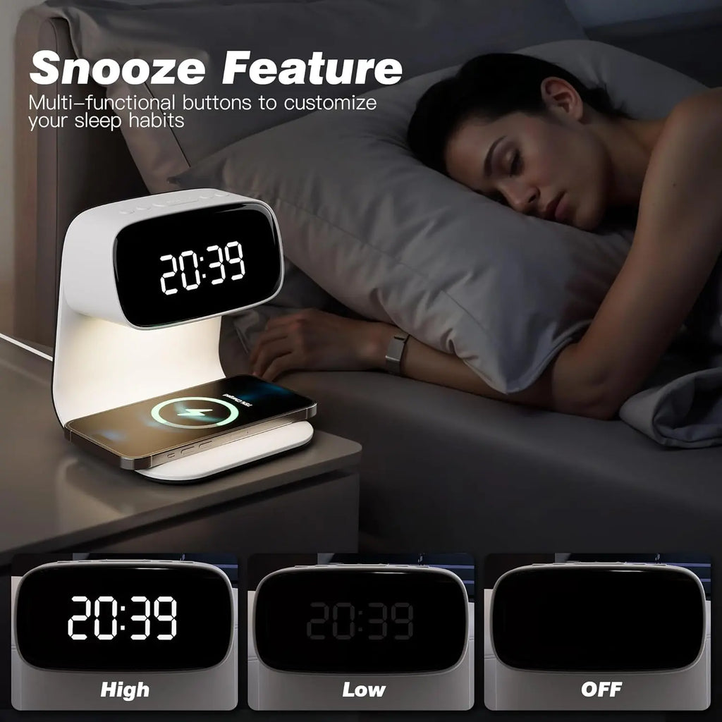 YIDPU Digital Alarm Clock with Wireless Fast Charging Station 15W Touch Smart Lamp for Bedside,3 Colors Nightlight Adjustment Night Lamp for Living Room,Bedside,Heavy Sleepers (White+Cable&Adapter)