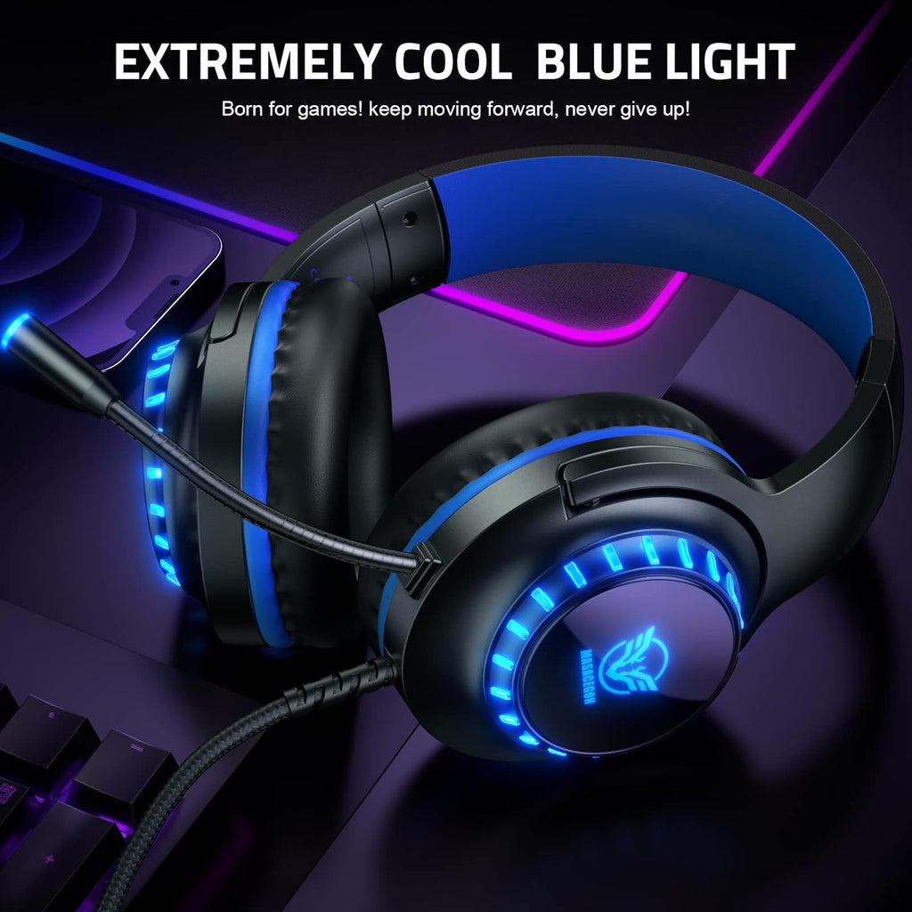 Pacrate Headset for PS4 PC Xbox One S/X Switch Controller & PC Laptop Mac, Noise Cancelling Over-Ear Headphones with Microphone, LED Light (Black, Blue)