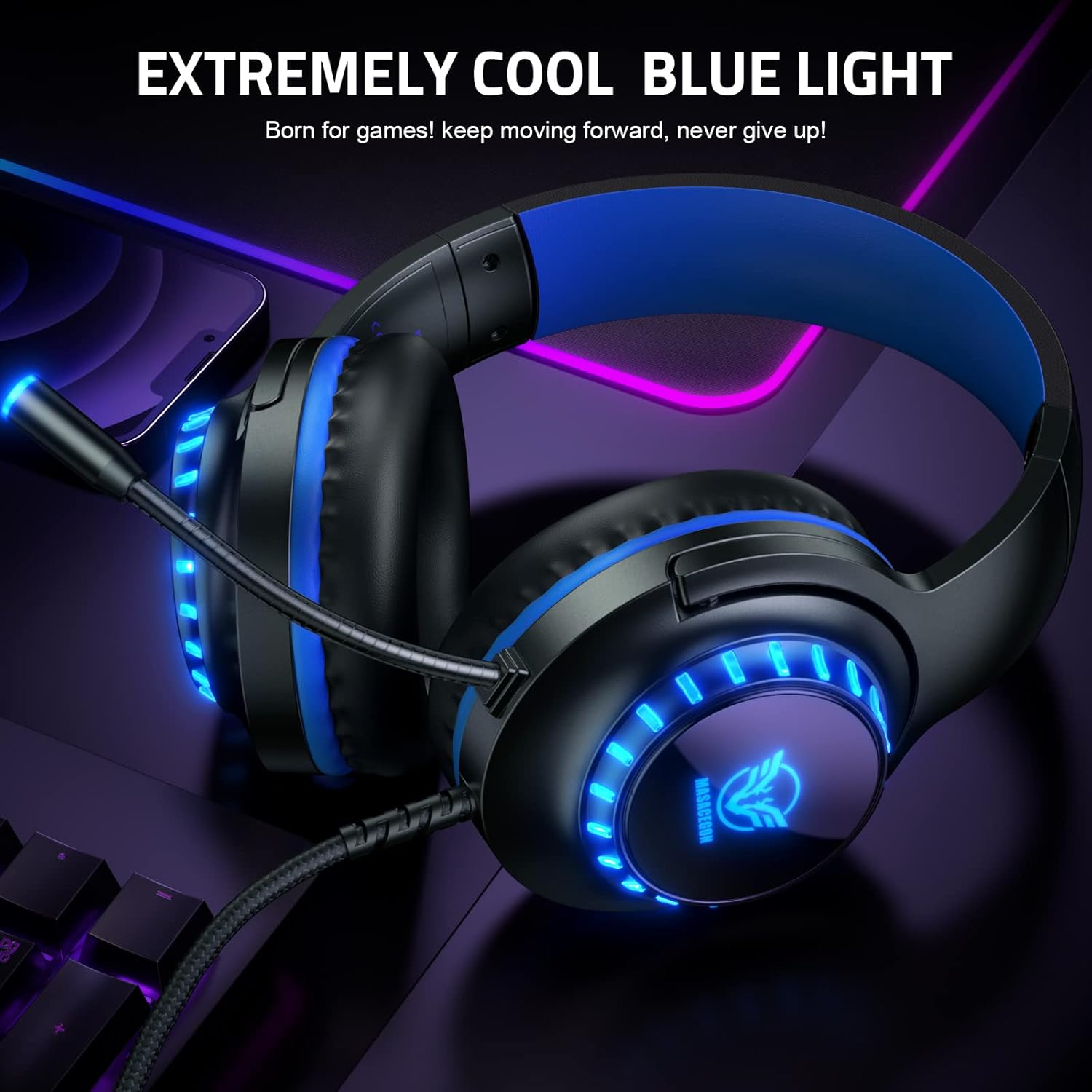 Pacrate Headset for PS4 PC Xbox One S/X Switch Controller & PC Laptop Mac, Noise Cancelling Over-Ear Headphones with Microphone, LED Light (Black, Blue)