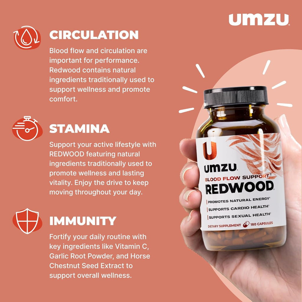 UMZU Redwood Nitric Oxide Booster, (30 Day Supply) – Vitamin C, Garlic & Horse Chestnut – Healthy Circulation & Endurance – Daily Cardiovascular Support Nitric Oxide Supplement Blood Flow Supplement