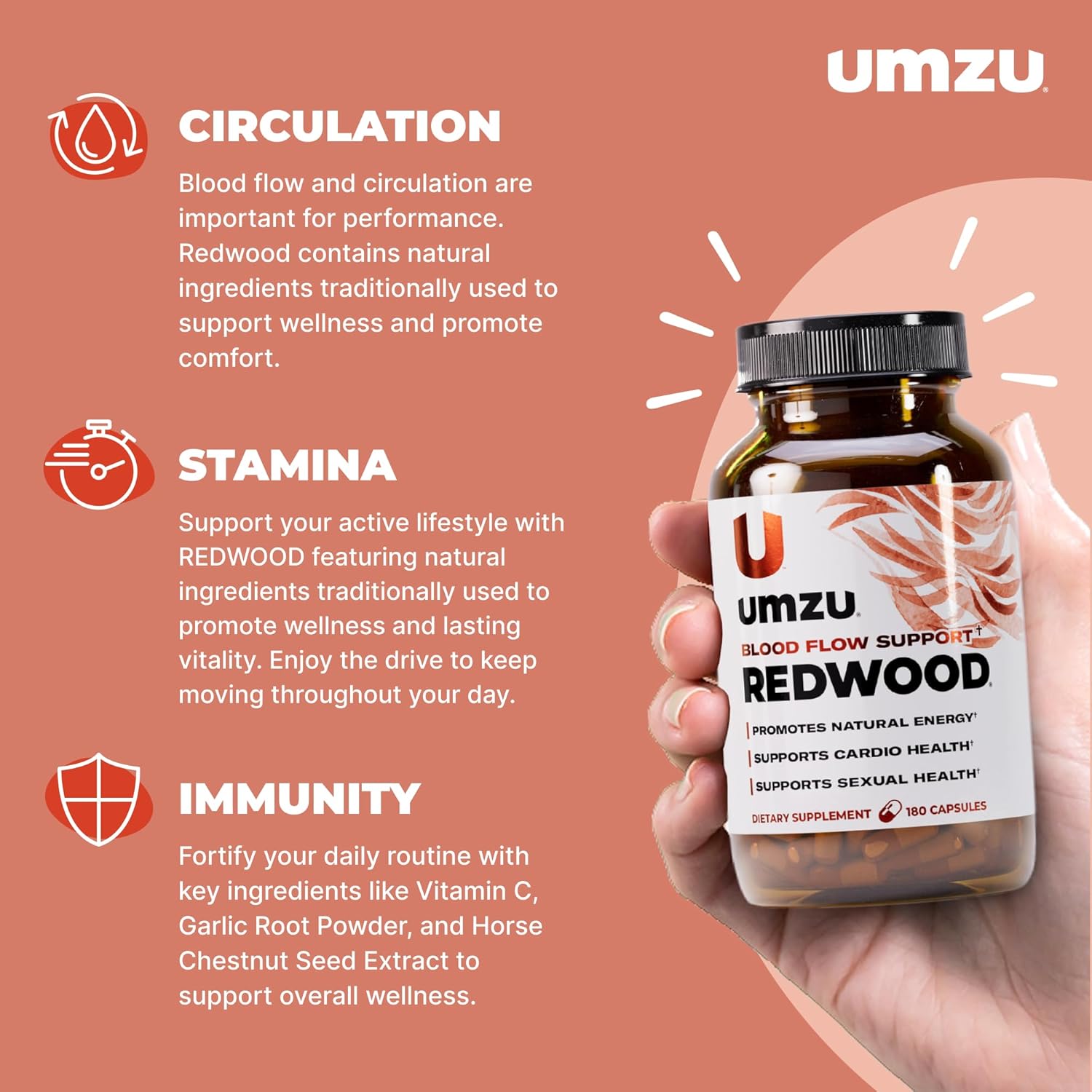 UMZU Redwood Nitric Oxide Booster, (30 Day Supply) – Vitamin C, Garlic & Horse Chestnut – Healthy Circulation & Endurance – Daily Cardiovascular Support Nitric Oxide Supplement Blood Flow Supplement