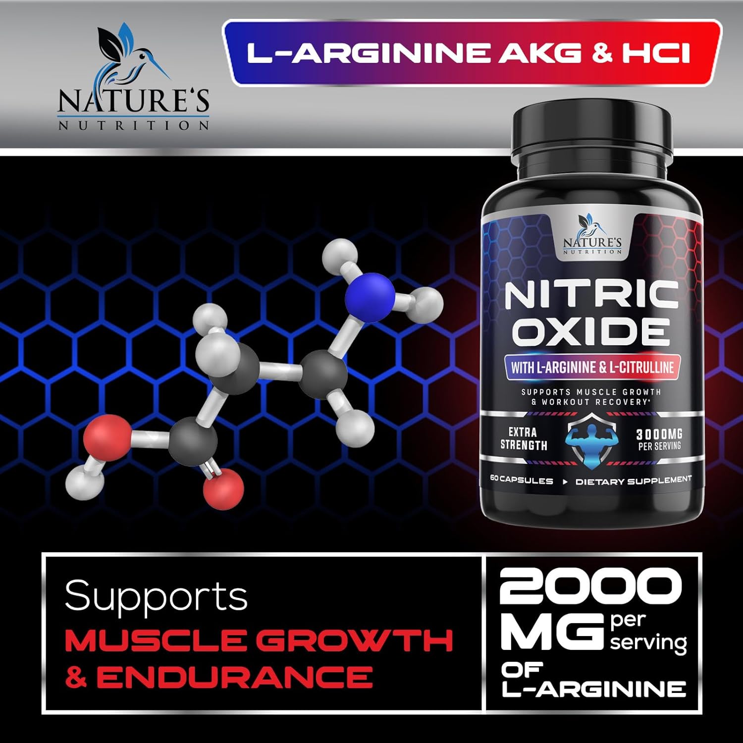L-Arginine AKG and HCl molecular model graphic supporting muscle growth and endurance
