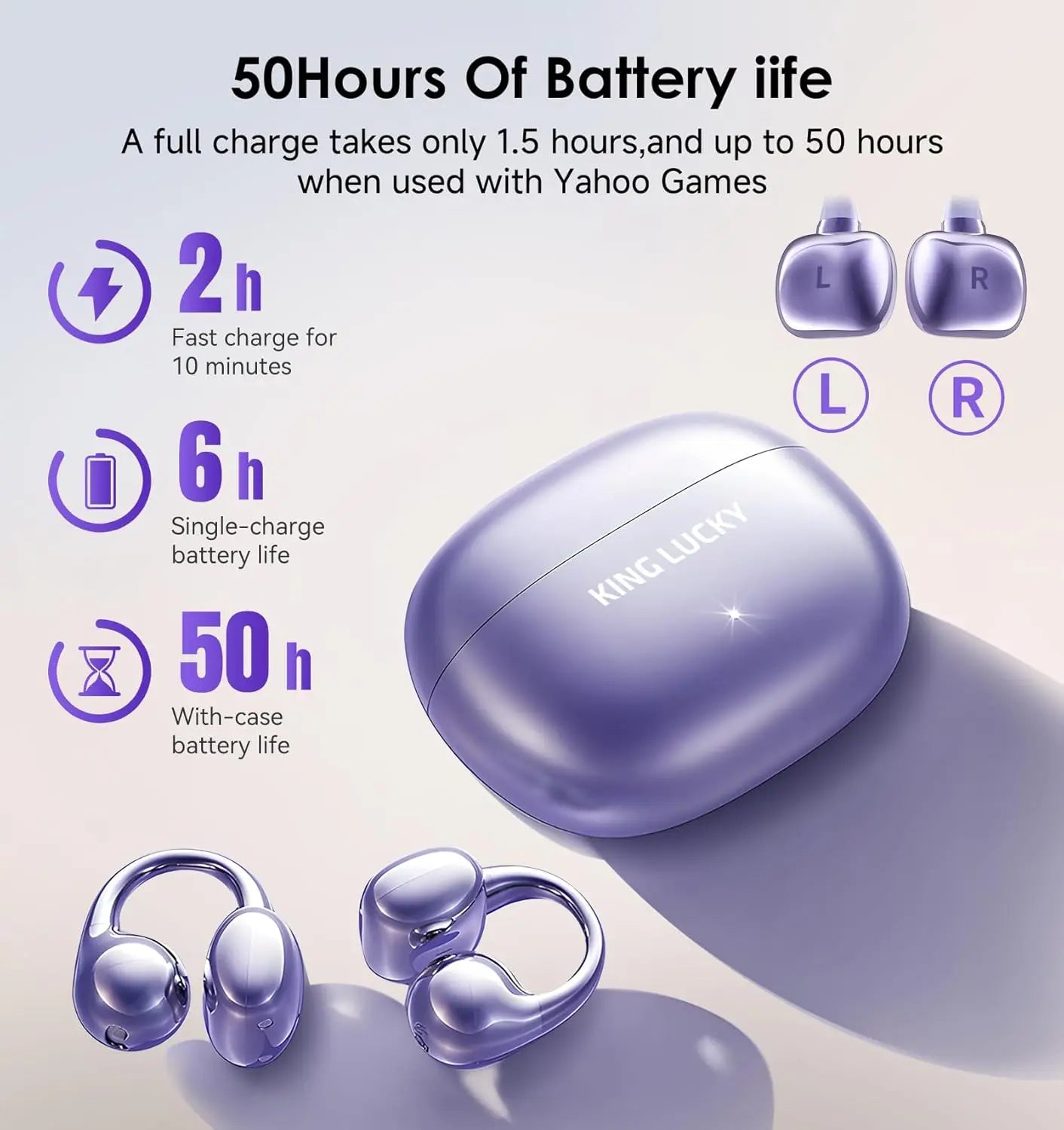 King Lucky Clip on Earbuds Open Ear Wireless Bluetooth 5.4 Headphones with Mic,50H Playtime,Noise Cancelling,Waterproof,Sports Ear Buds,Comfortable for Small Ears & Glasses Wearers,for Workouts,Purple