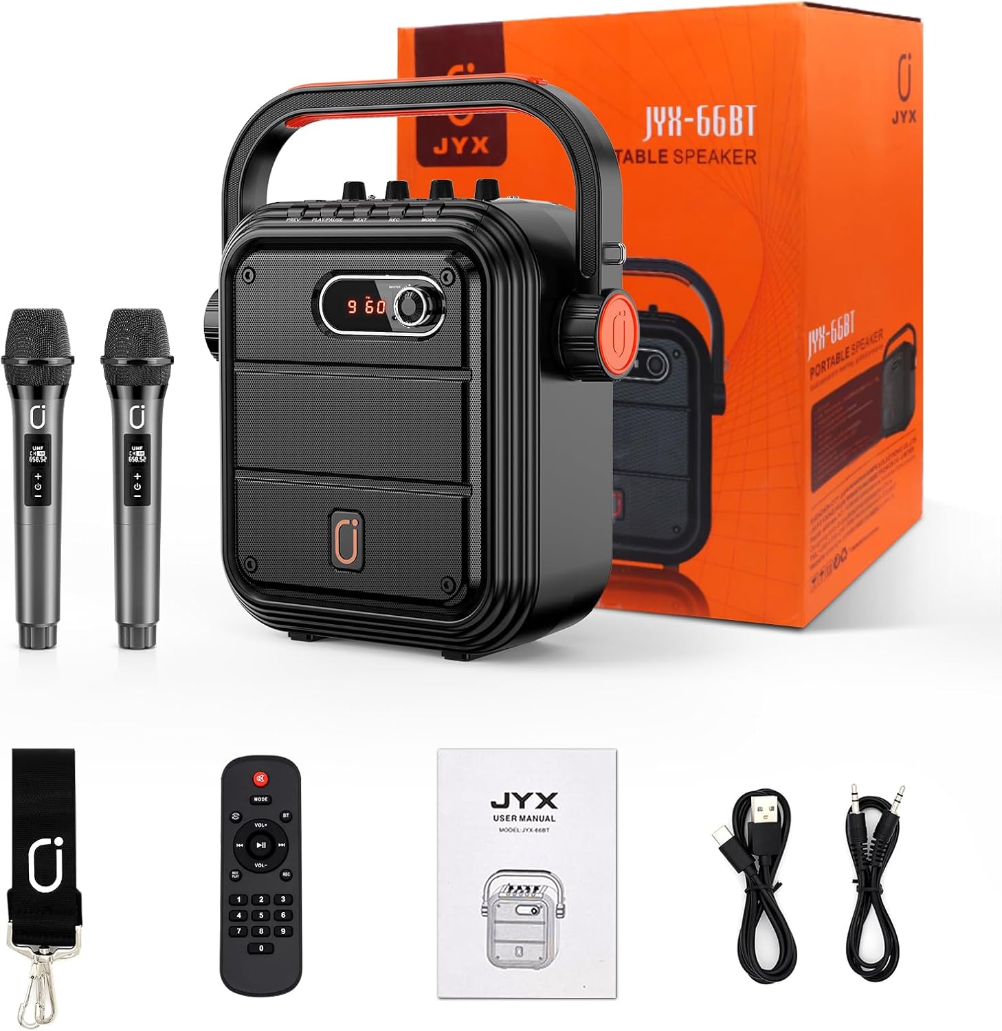 JYX Karaoke Machine Portable Microphone Speaker Set Bluetooth 5.0 Rechargeable PA System with FM Radio, Audio Recording, Remote Control, Supports TF Card/USB