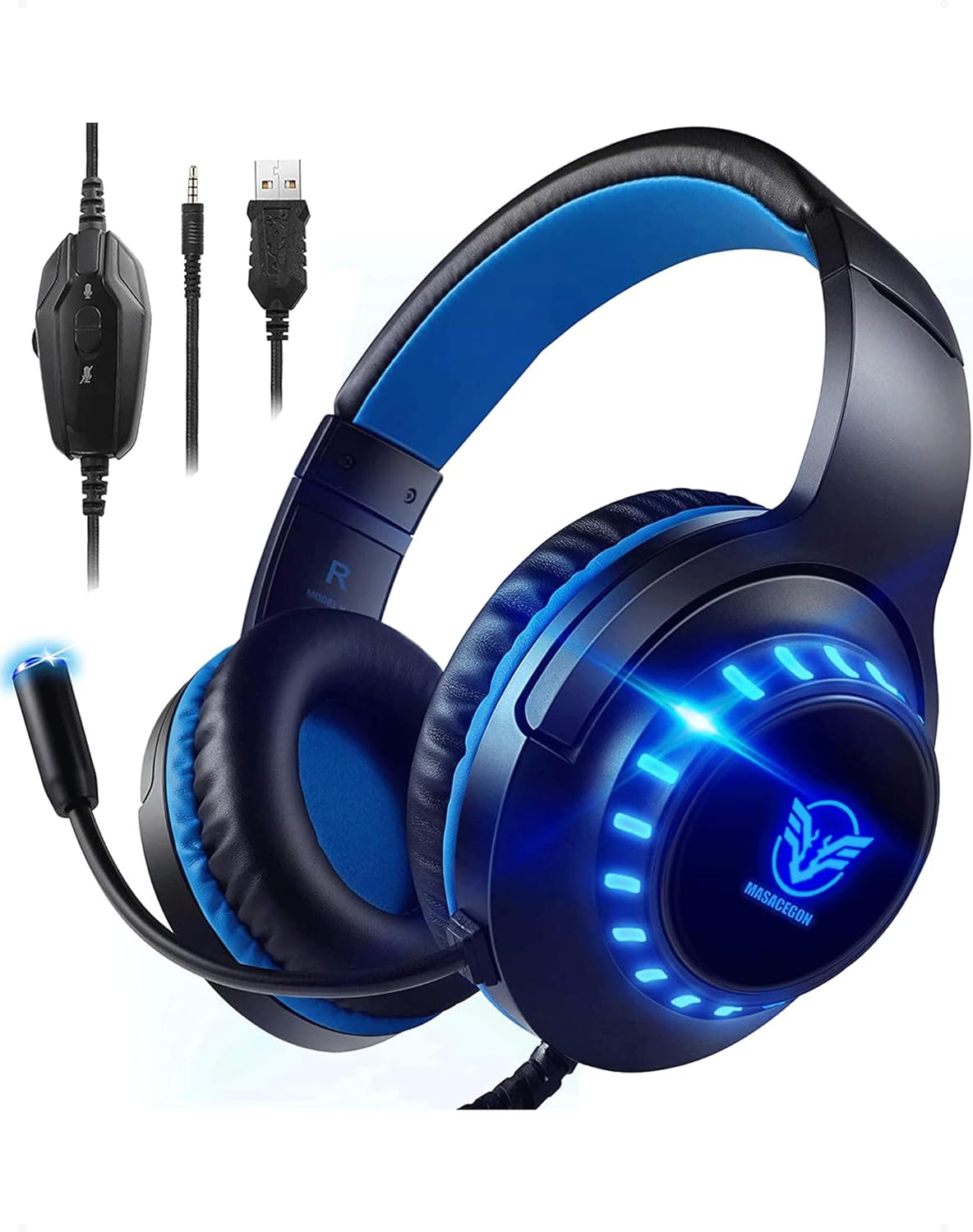 Pacrate Headset for PS4 PC Xbox One S/X Switch Controller & PC Laptop Mac, Noise Cancelling Over-Ear Headphones with Microphone, LED Light (Black, Blue)