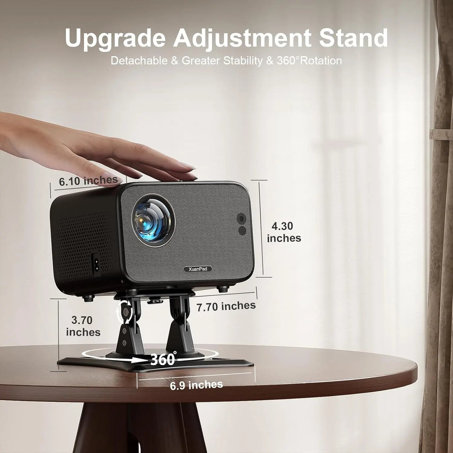 XuanPad black mini projector dimensions with 360-degree adjustable stand