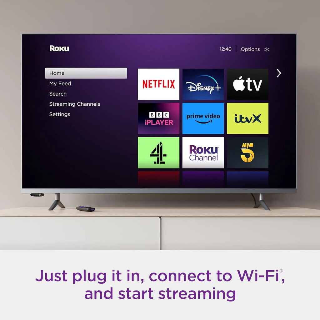 Roku home interface on TV screen with Netflix Disney and Prime Video app icons
