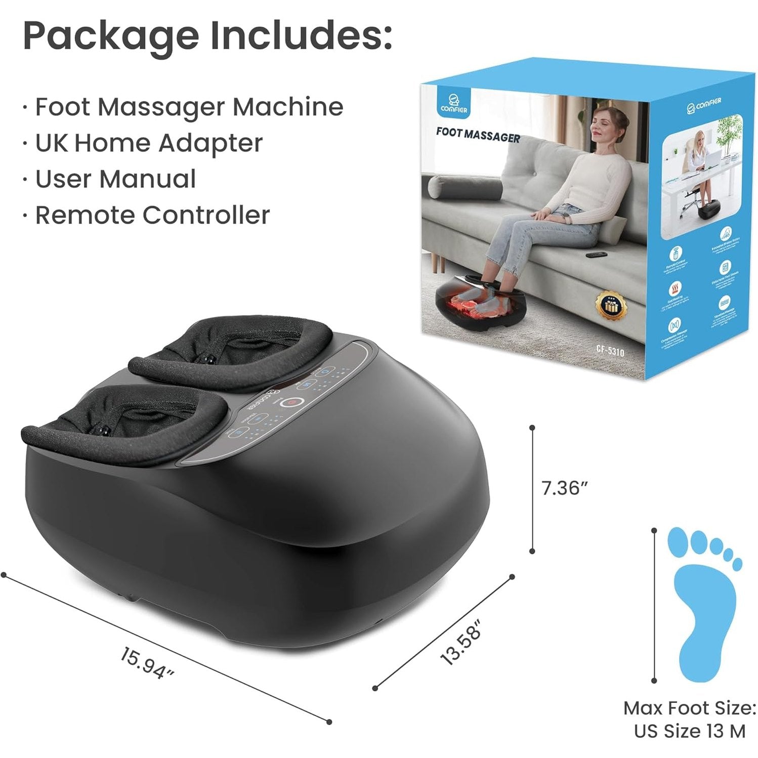 COMFIER Foot Massager with Deep Kneadinng for Pain,Shiatsu Foot Massager with Heat for Plantar Fasciitis,Remote Control,Customizable Settings, Pause Function,Electric Massage Machine Gifts