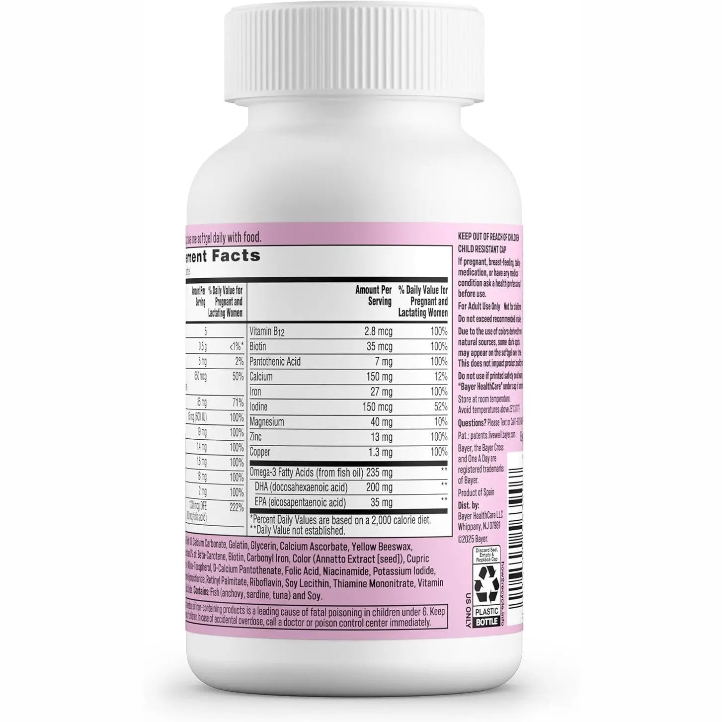 One A Day Prenatal Supplement Facts label highlighting DHA, Iron, and Folic Acid content