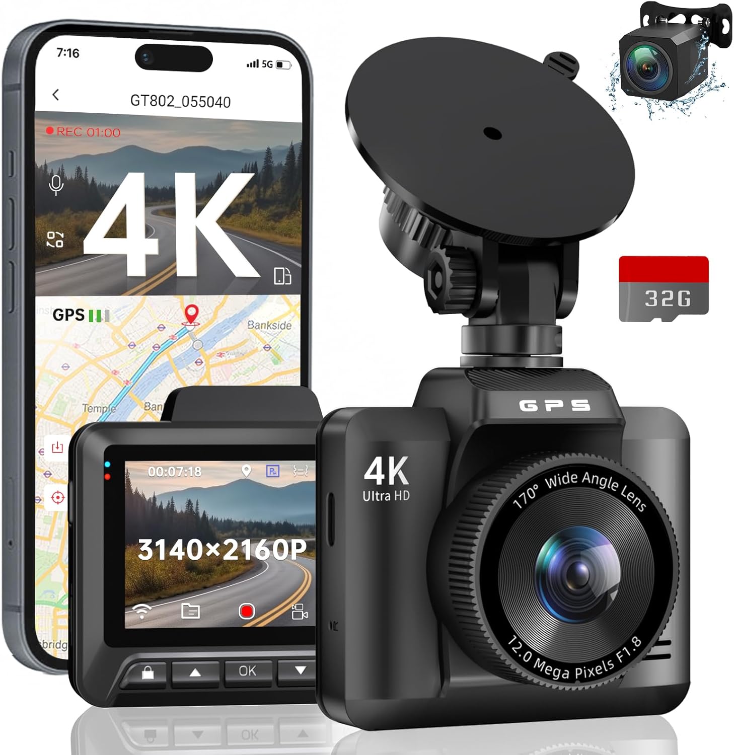 Dash Cam Car Front Rear 4K/1080P WiFi Dash Cam with GPS Dual Car Camera with 2.4 Inch IPS Screen, Parking Monitoring, Super Night Vision WDR, 170° Wide Angle, G-Sensor, Loop Recording, APP, Max 256 GB